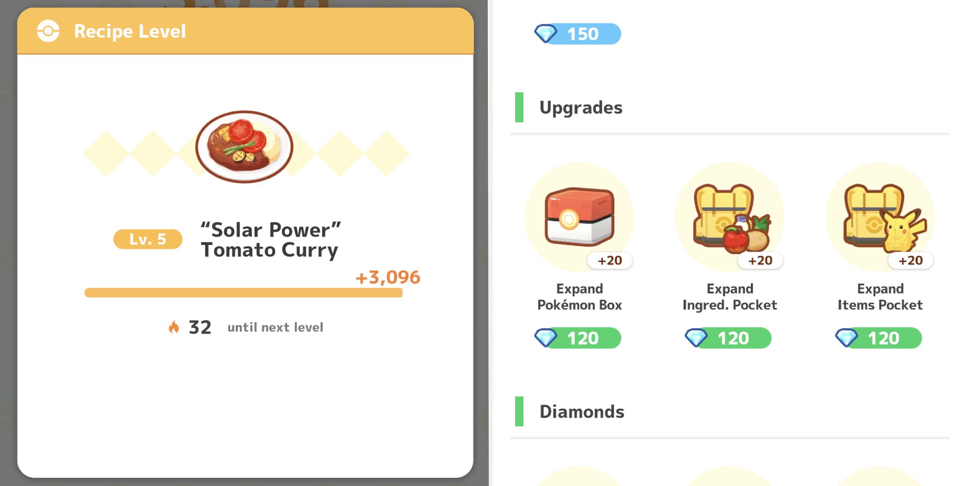 Left, Solar Power Tomato Curry gets level experience. Right, shop options in Pokemon Sleep let you increase your storage. 