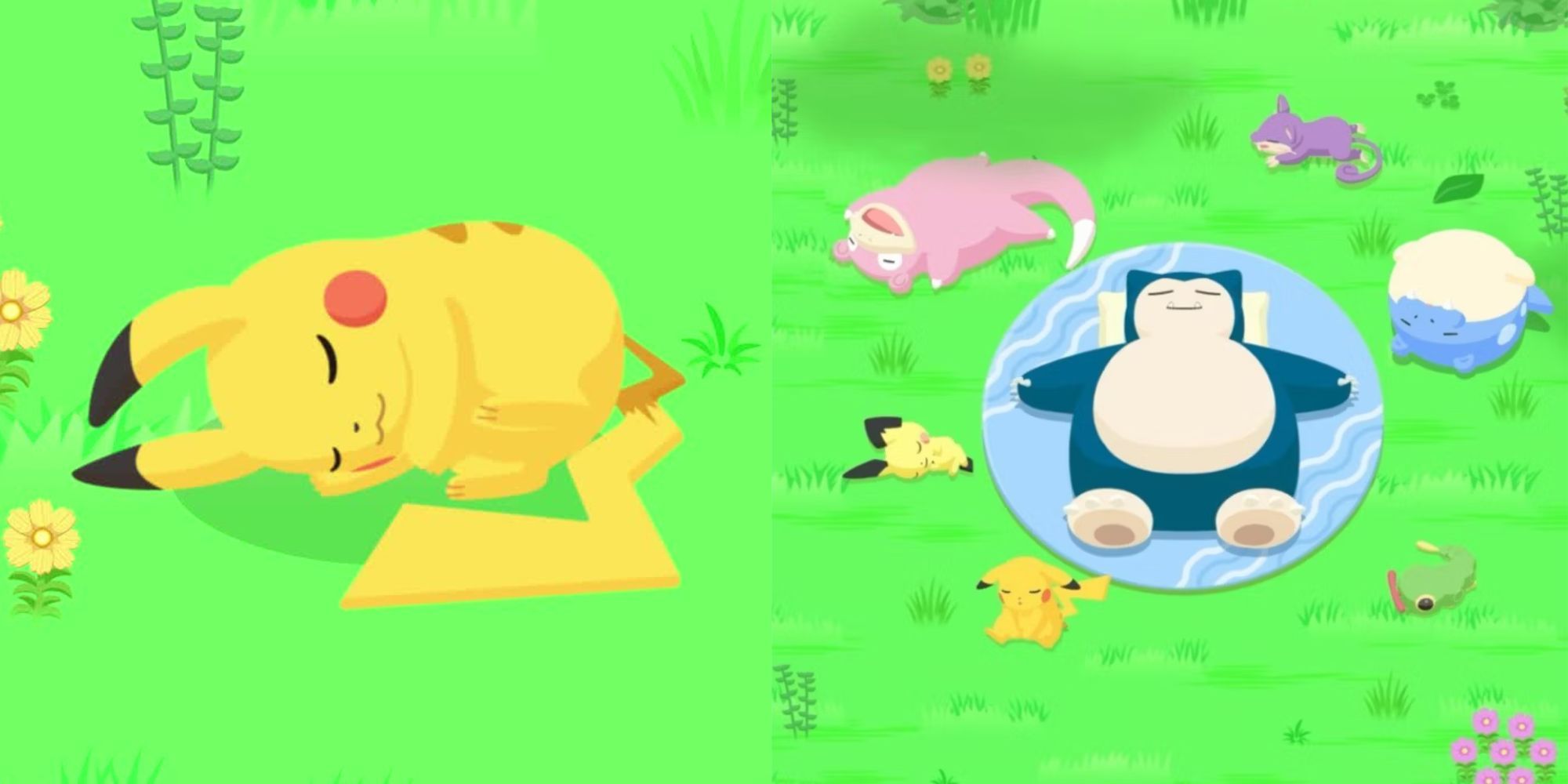 A split image of Pikachu sleeping on the left, while the right shows Snorlax sleeping surrounded by other sleeping Pokemon in Pokemon Sleep.