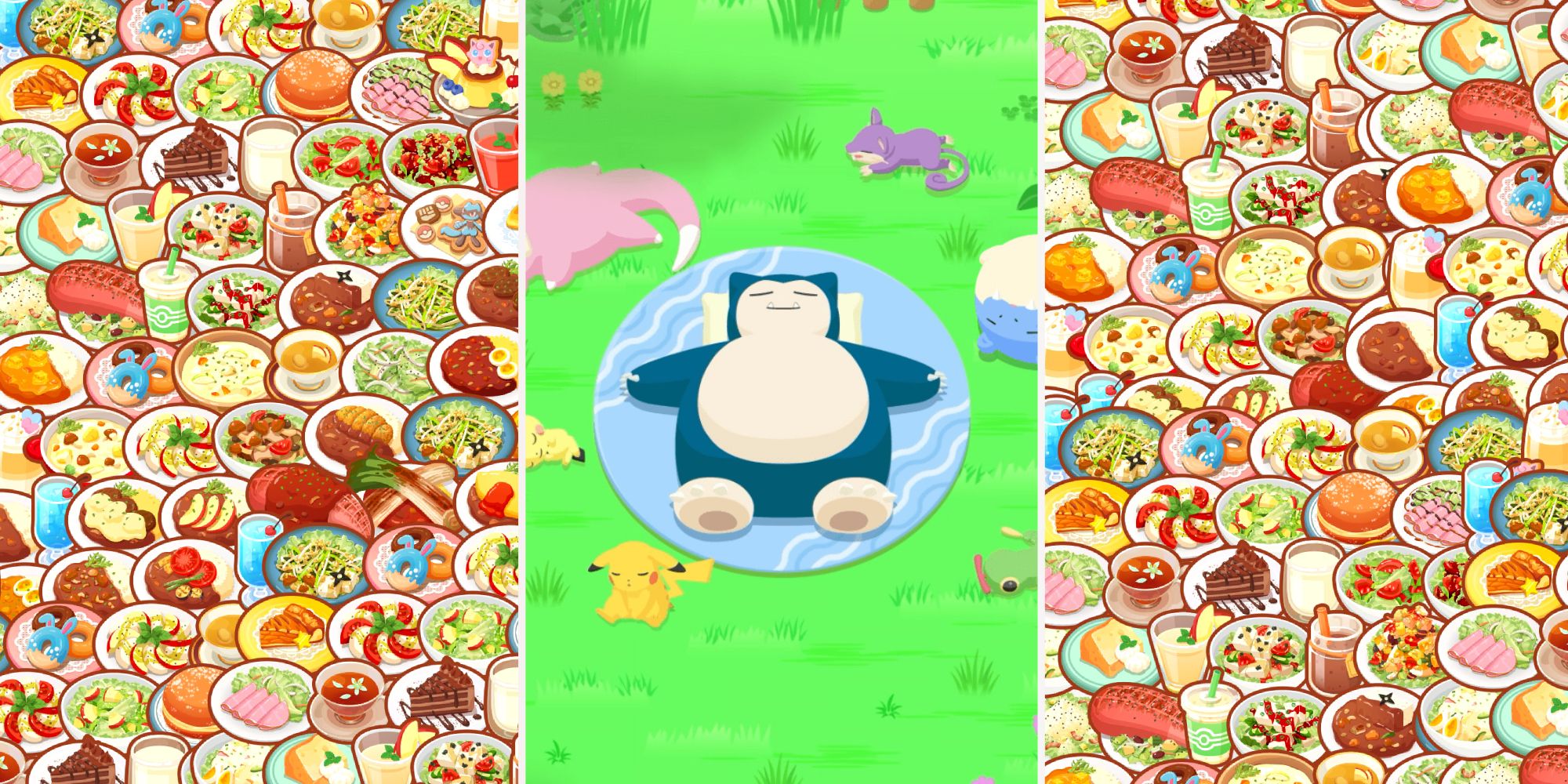 Snorlax is sleeping surrounded by a few Pokemon, and numerous icons of different dishes in Pokemon Sleep.