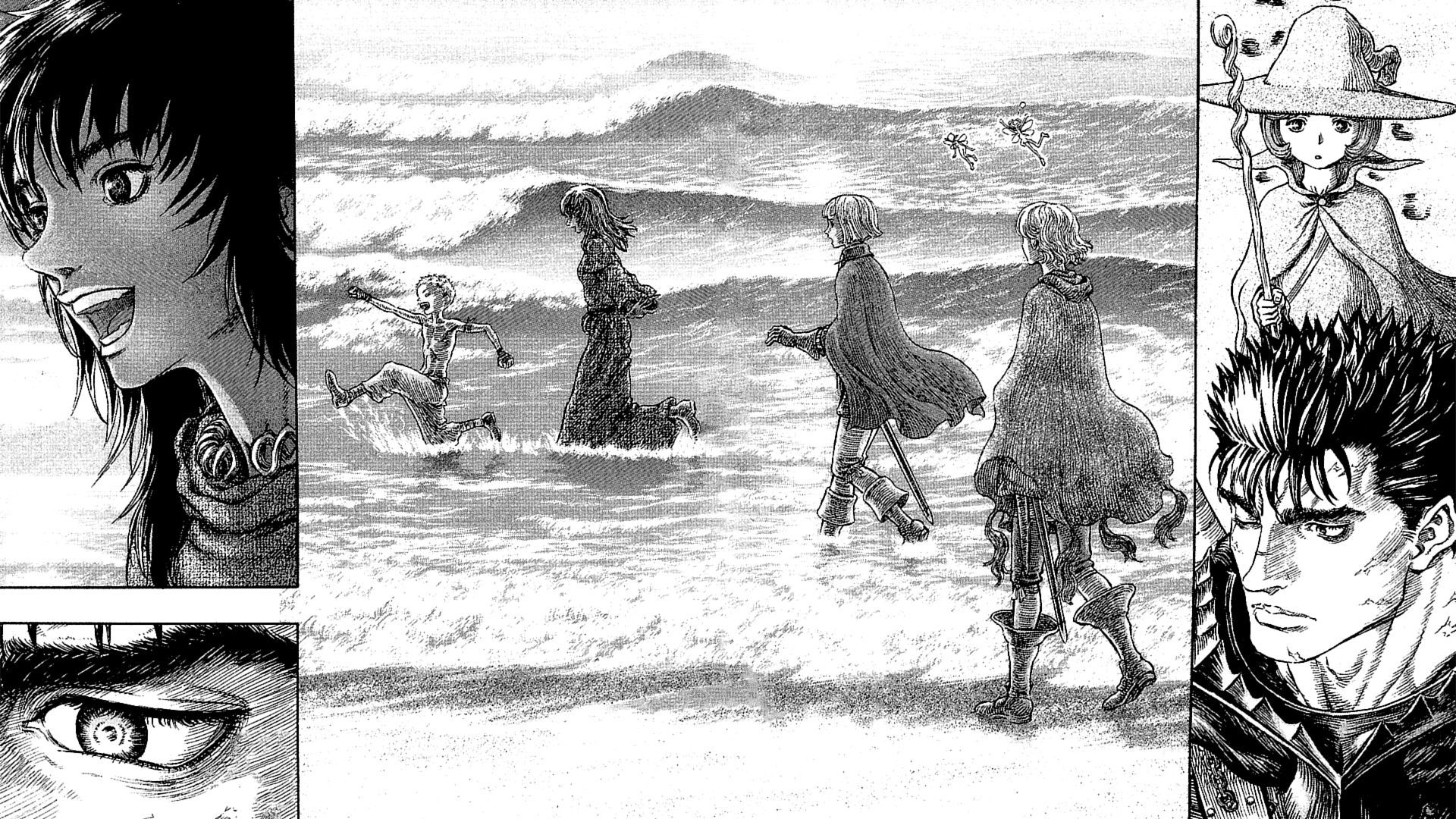 The Black Swordsman Party on the beach in Berserk.