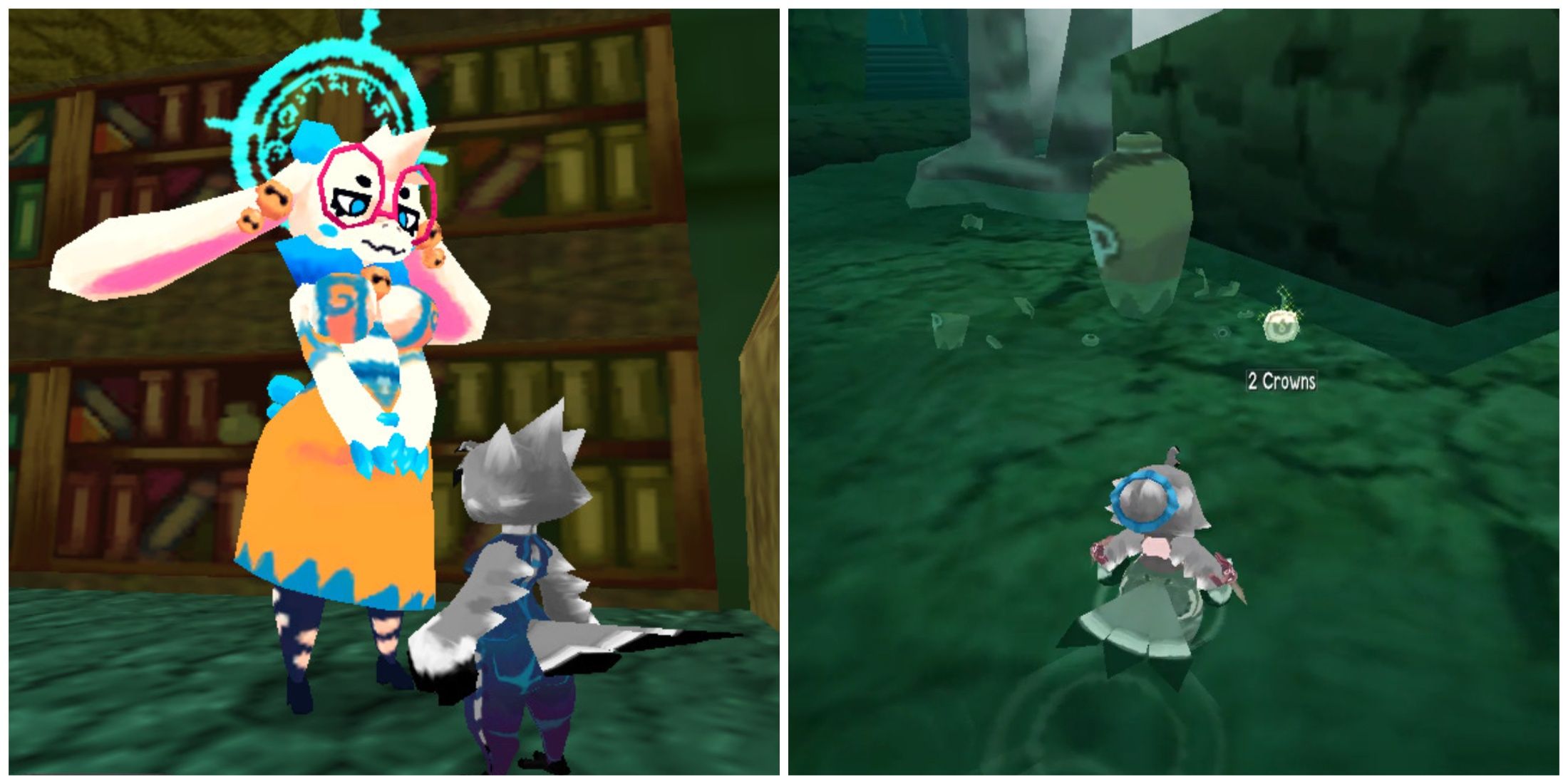 Split image of Angela and a character and a character finding 2 Crowns in Atlyss