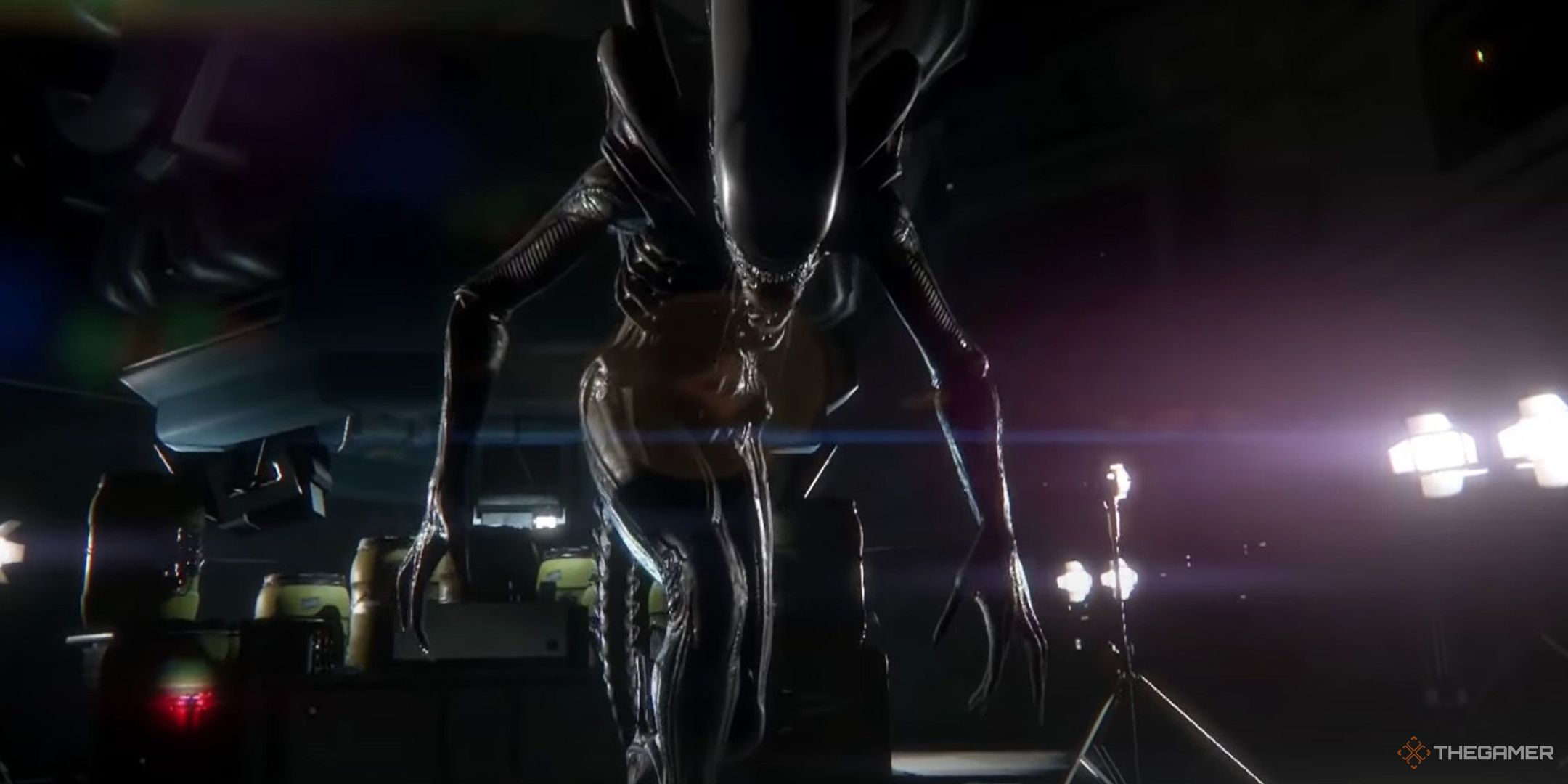 Close-up of the Xenomorph in Alien Isolation as it approaches the player in a tense cutscene.