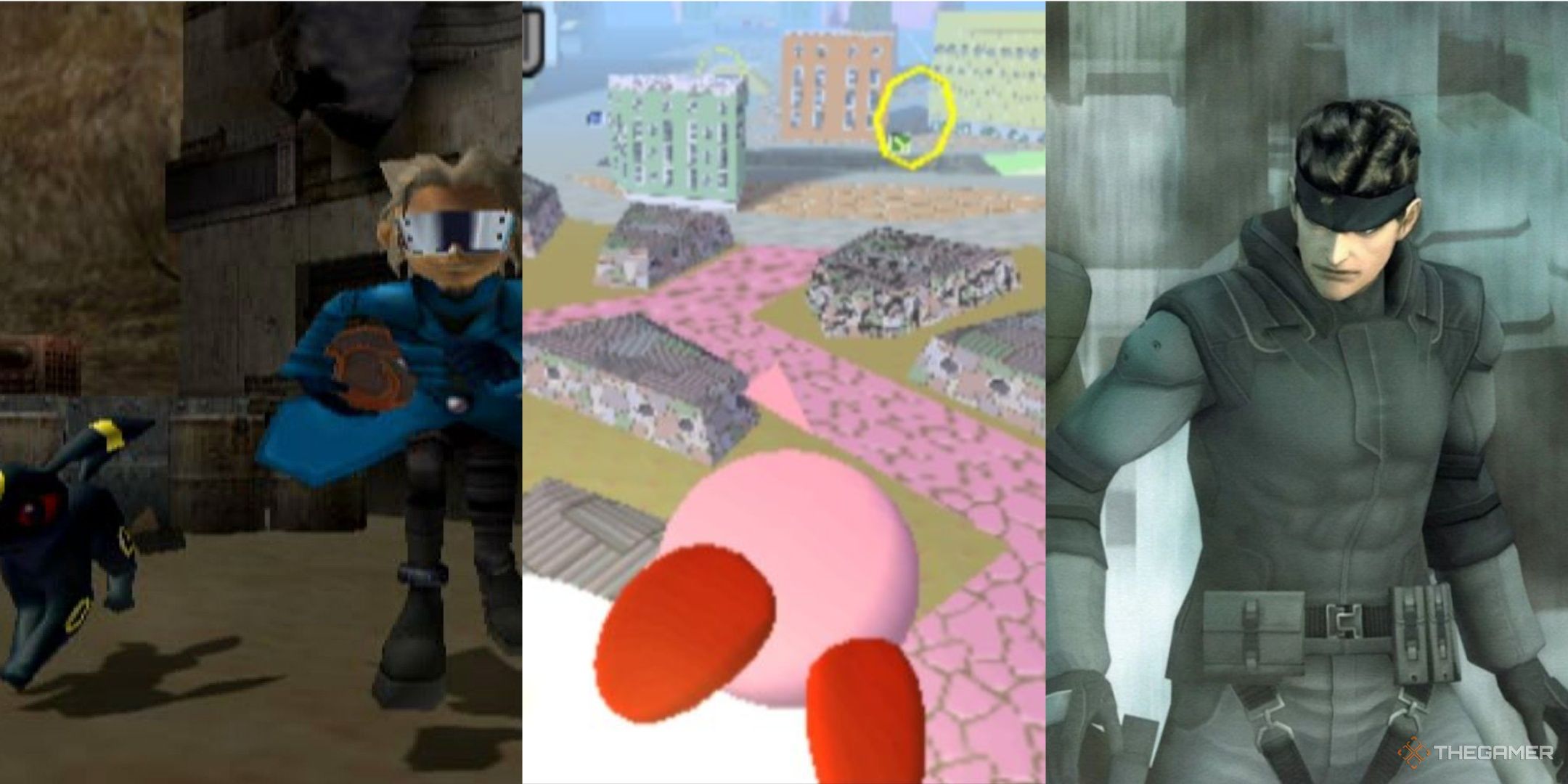 A character and umbreon running in pokemon colosseum, kirby on a cloud in kirby air ride, and snake in the twin snakes remake.