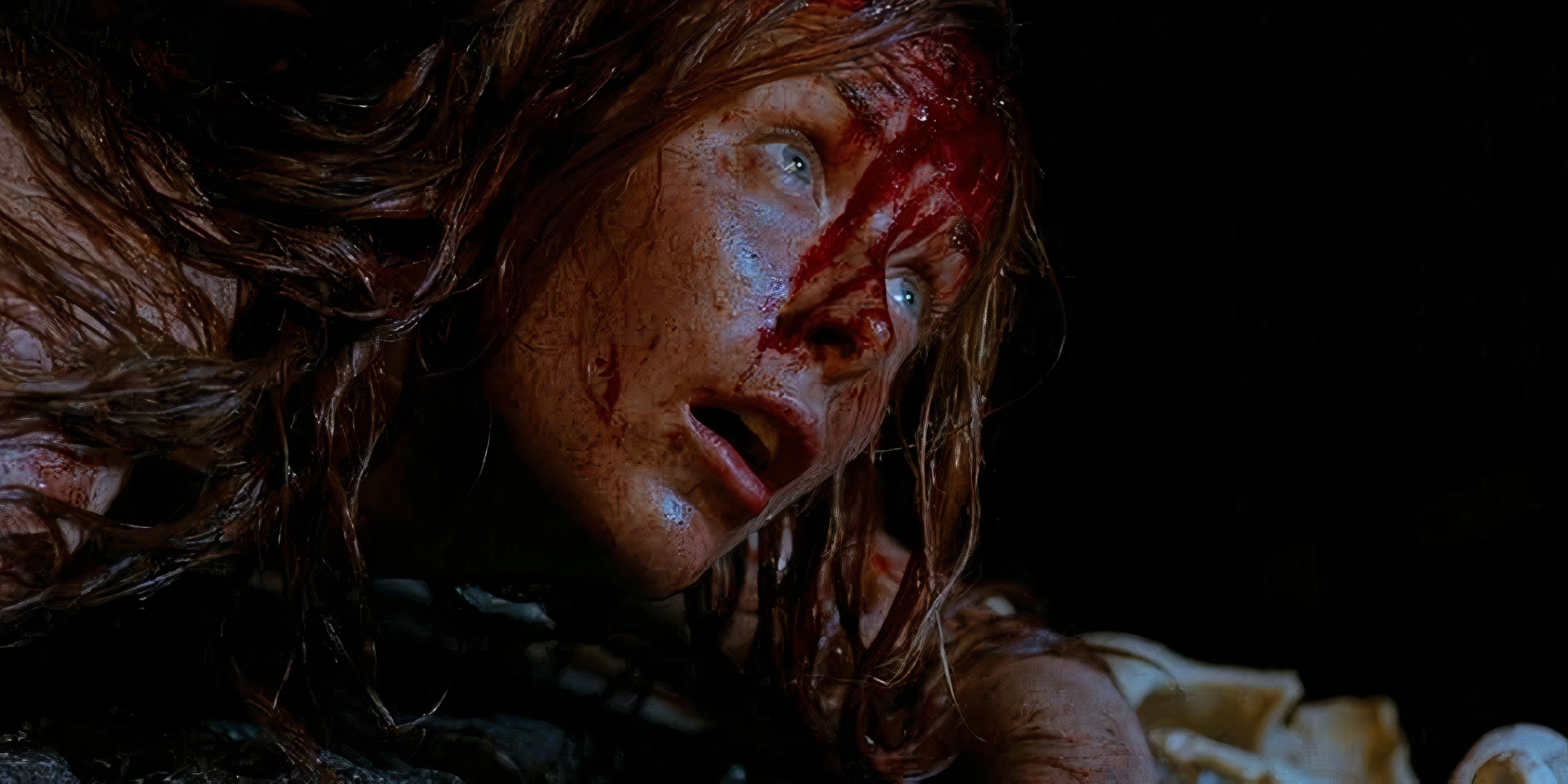 10 Best British Horror Movies of All Time WOman is lost in the dark with bleeding head