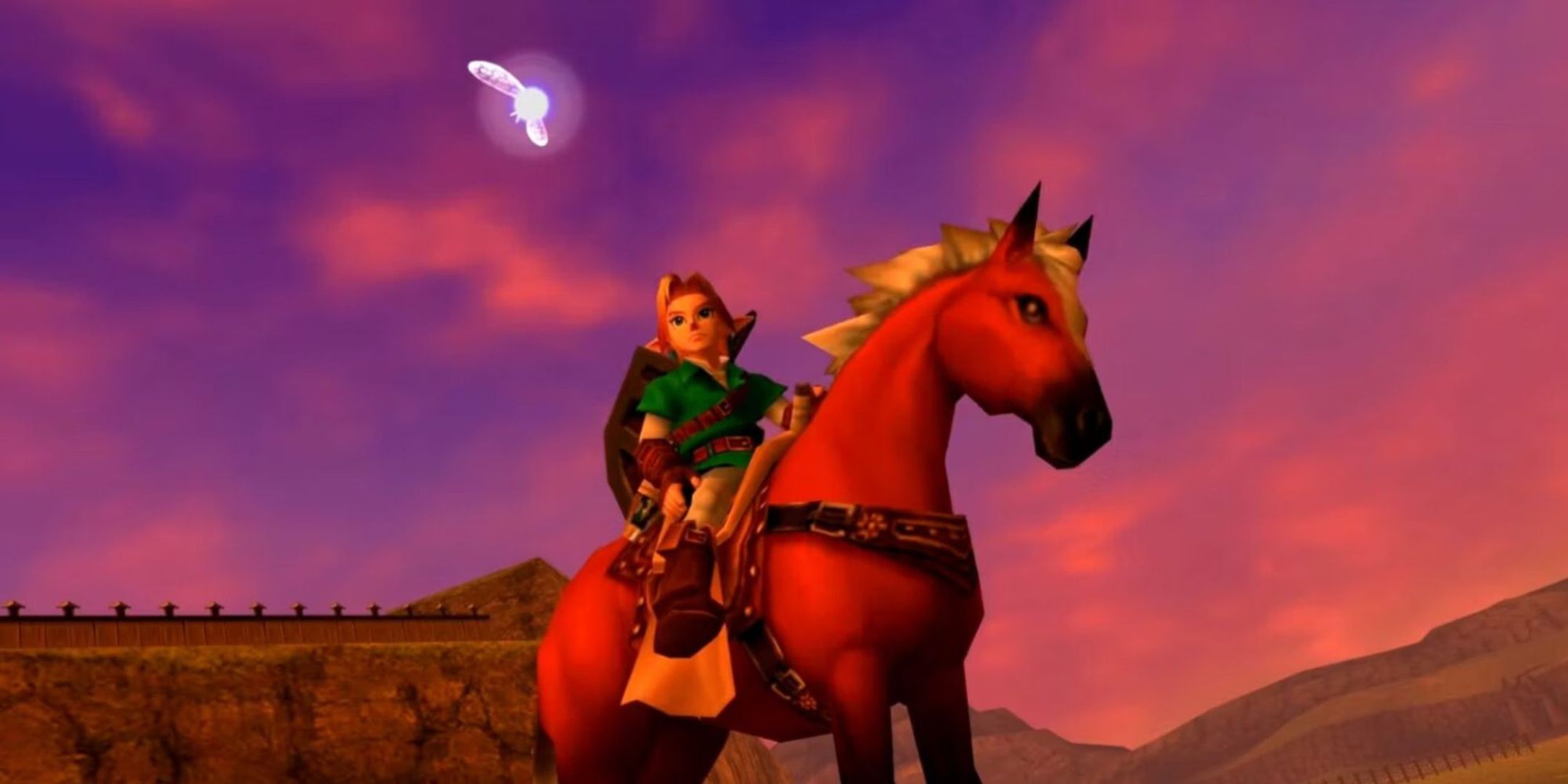 Link, Navi, and Epona in The Legend of Zelda: Ocarina of Time.