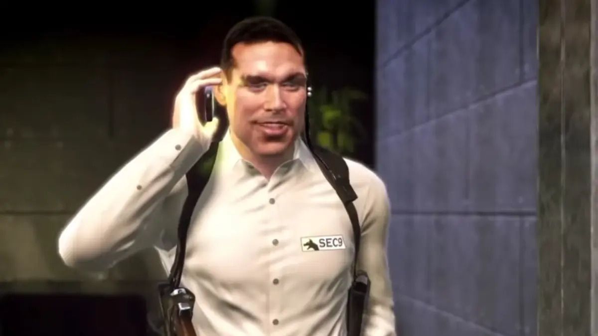 A guard talking on the phone from Hitman: Absolution. 