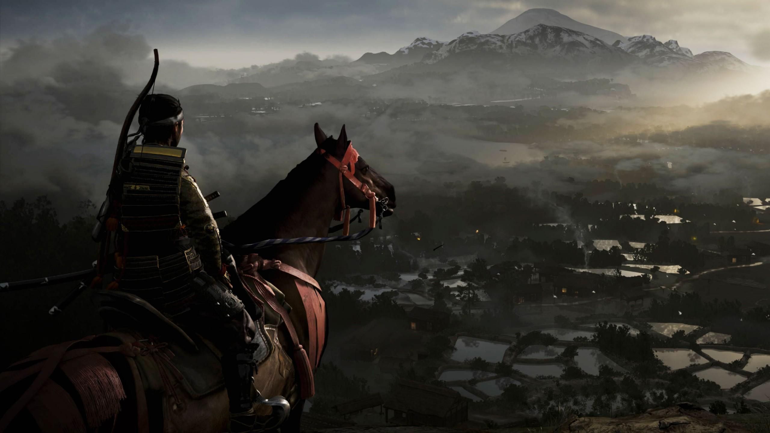 Ghost of Tsushima footage of the player on their horse overlooking a valley.