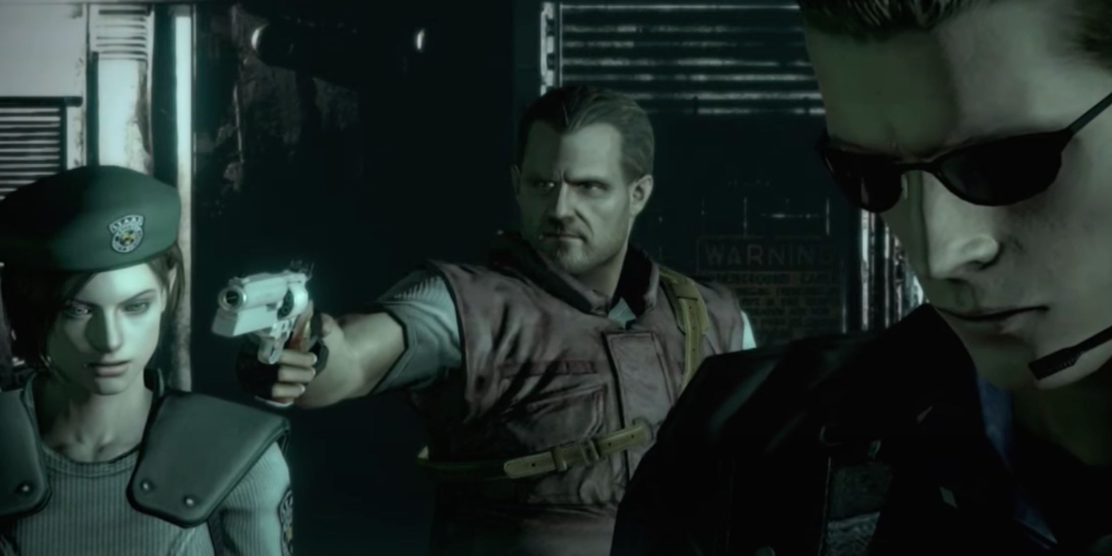 Barry Burton pointing a gun at Jill Valentine while Albert Wesker accesses a control panel 