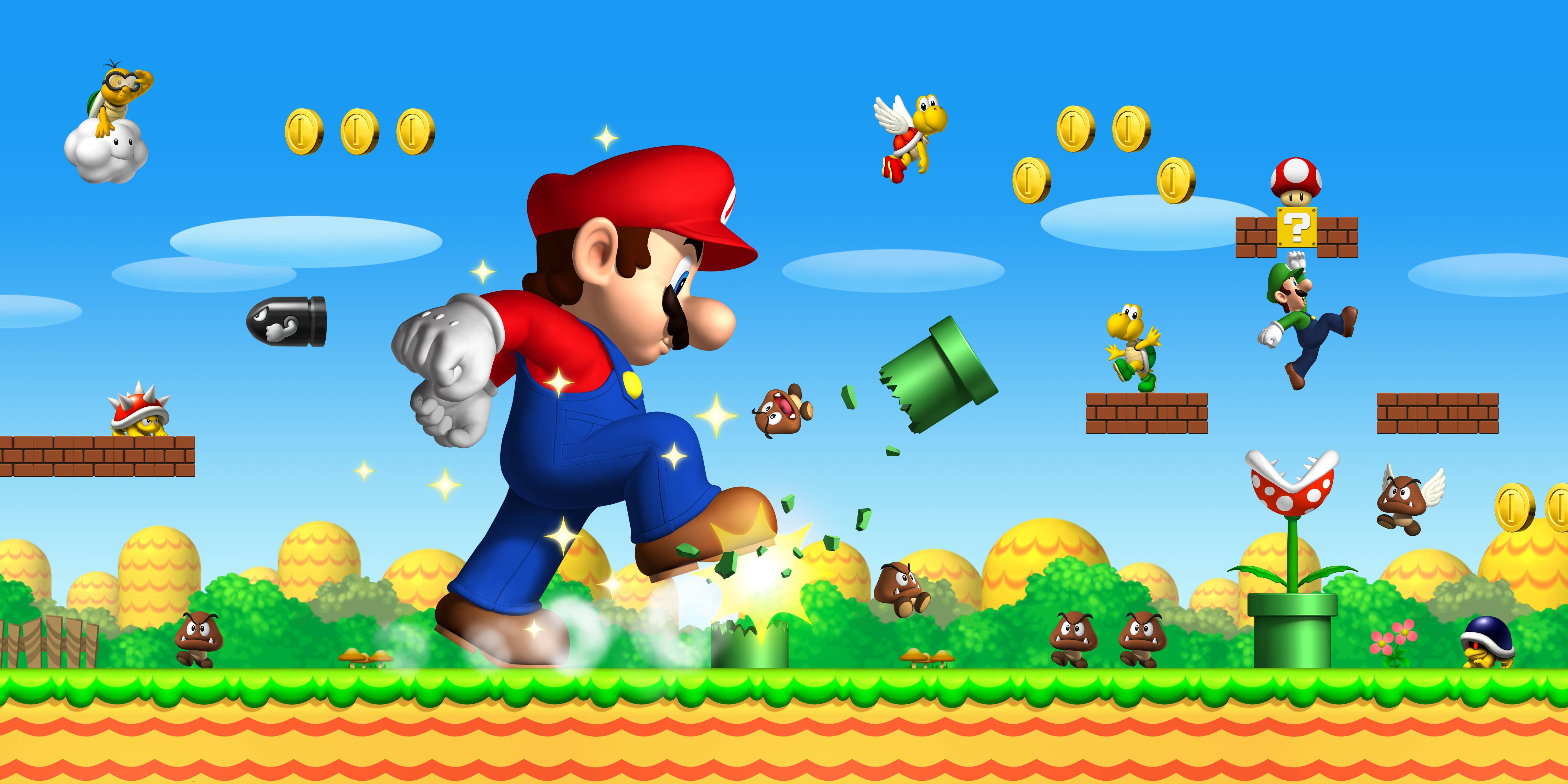 Mega Mario stomping on enemies and pipes in promo art for New Super Mario Bros.