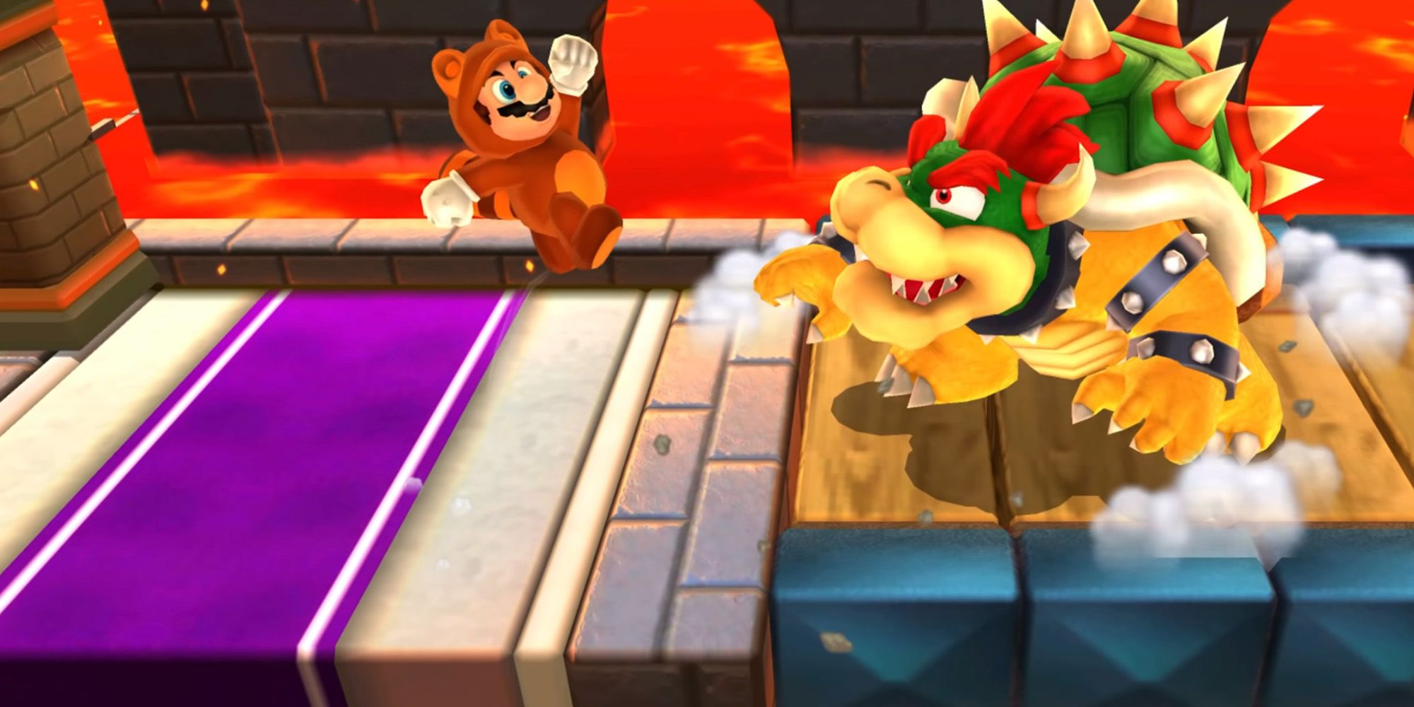 Tanooki Mario jumping over Bowser near lava in Super Mario 3D Land.