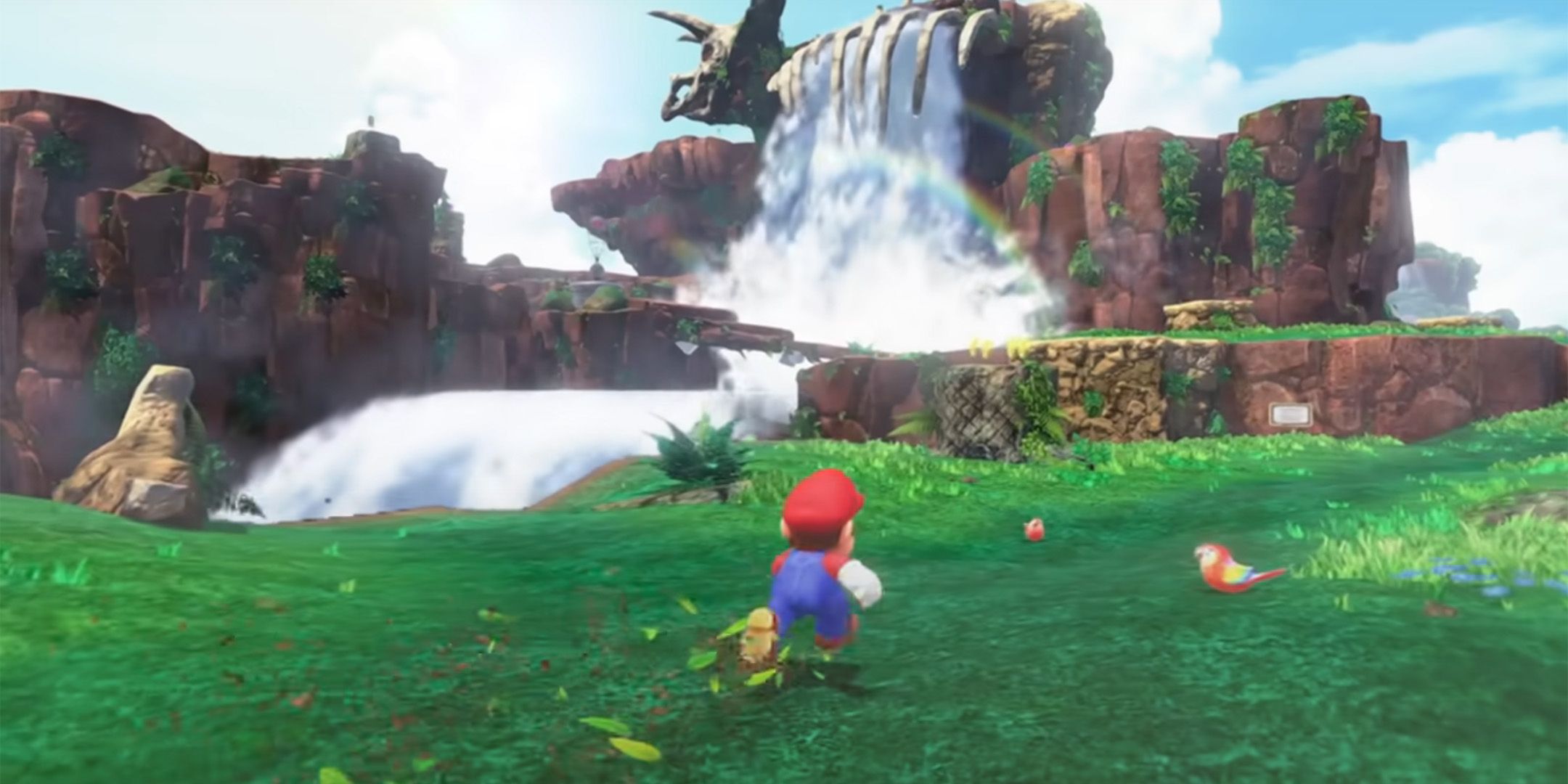 Mario exploring the Cascade Kingdom from Super Mario Odyssey.