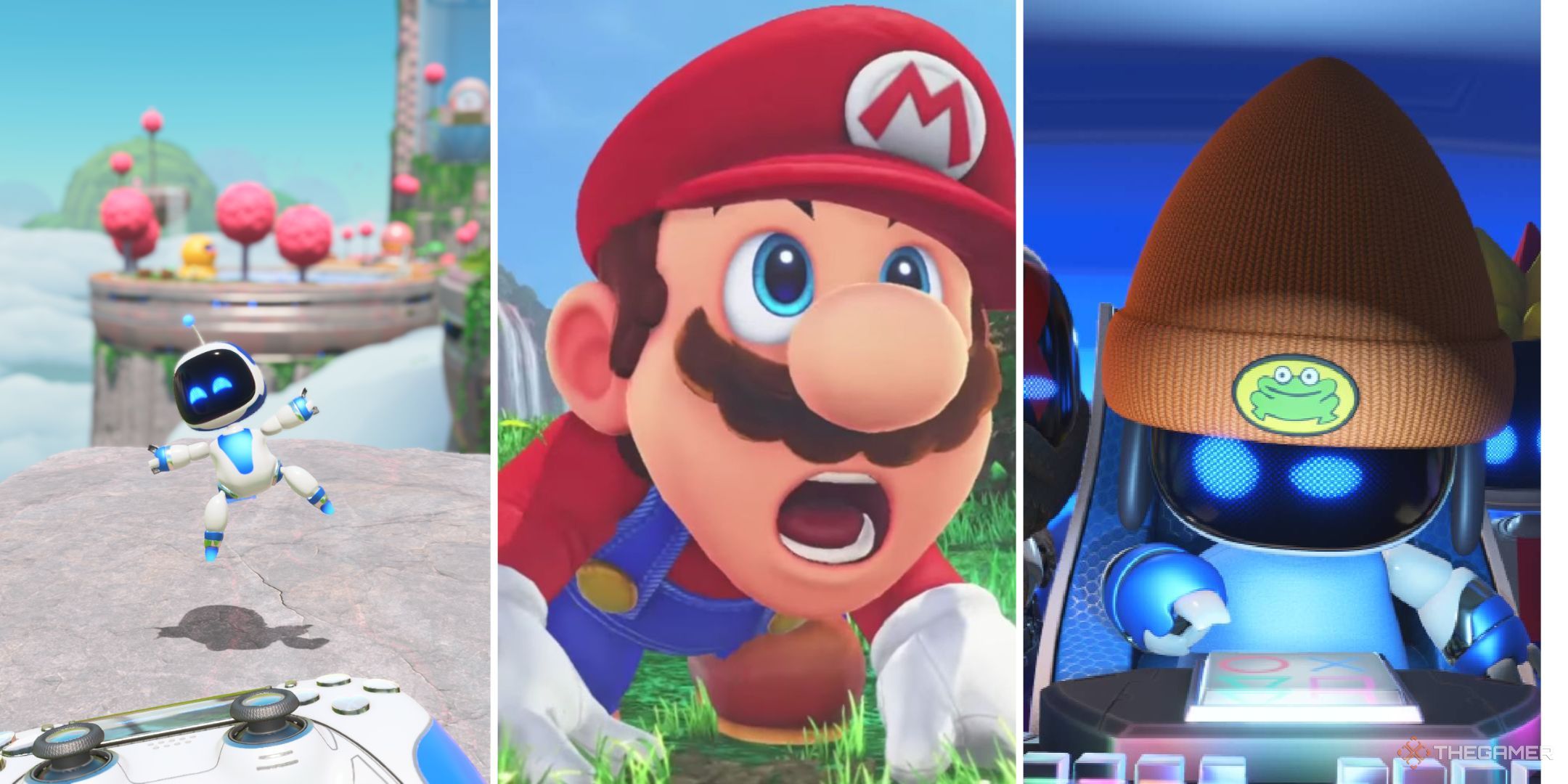 Collage of Astro Bot jumping and dressed as Parappa and Mario from Mario Odyssey.