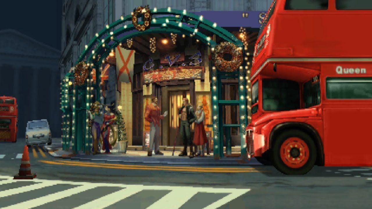 A screenshot of the London stage from Capcom Vs SNK 2, complete with big red bus. 