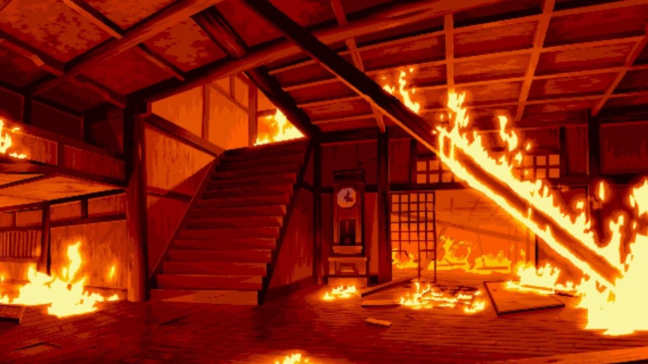 An image depicting the Large Fire At Wadamoya stage from The Last Blade 2.