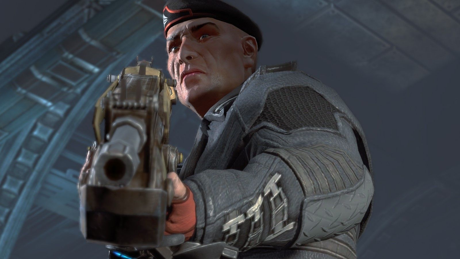 General Serrano pointing a gun at the player in Bulletstorm. 