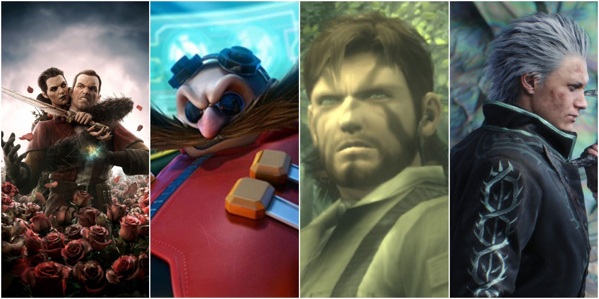 Split image of Daud and Delilah, Dr Eggman, Big Boss and Vergil