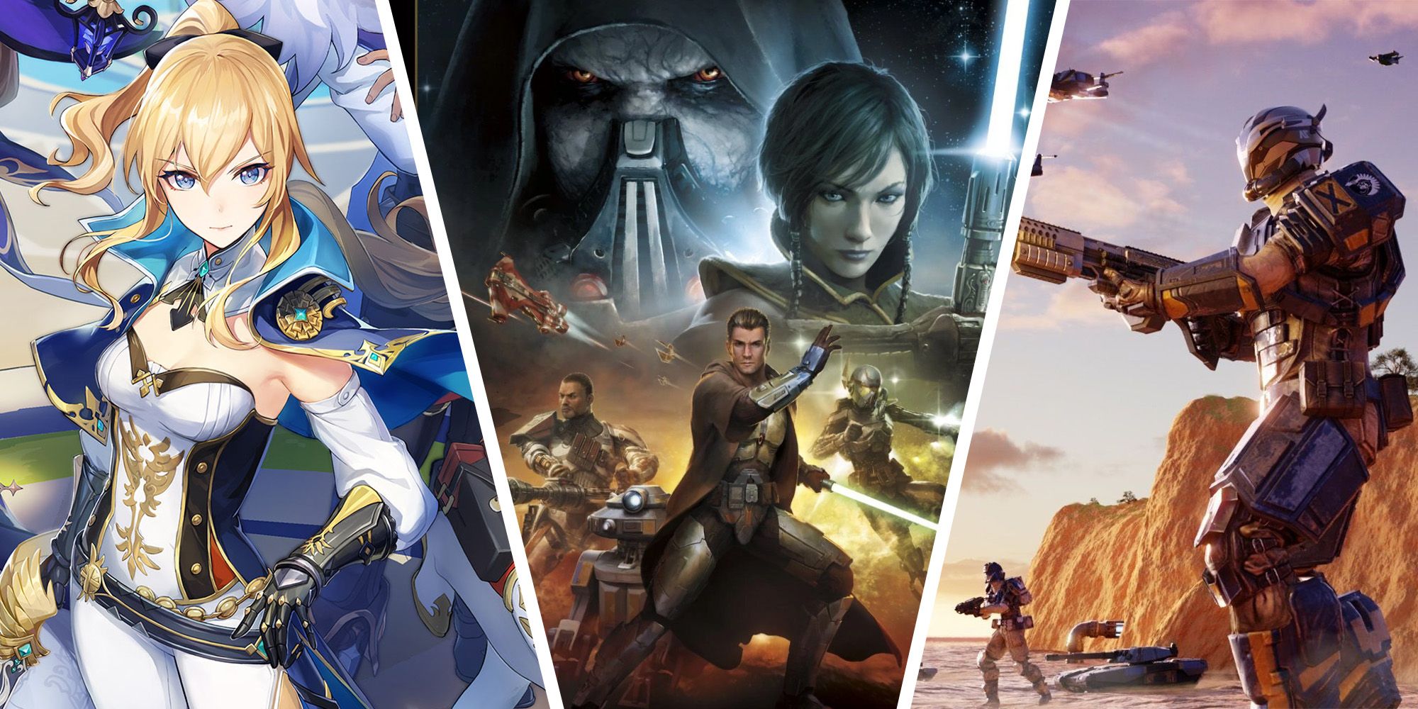 Best Free-Open World Games: Split Image Of Genshin Impact, Star Wars: The Old Republic, And PlanetSide 2