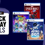 PS5 Slim with Astro Bot, Spider-Man 2, and Dragon Ball Sparking Zero games on a dark blue background with Black Friday deals badge