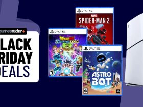 PS5 Slim with Astro Bot, Spider-Man 2, and Dragon Ball Sparking Zero games on a dark blue background with Black Friday deals badge