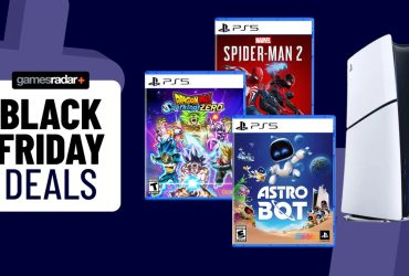 PS5 Slim with Astro Bot, Spider-Man 2, and Dragon Ball Sparking Zero games on a dark blue background with Black Friday deals badge