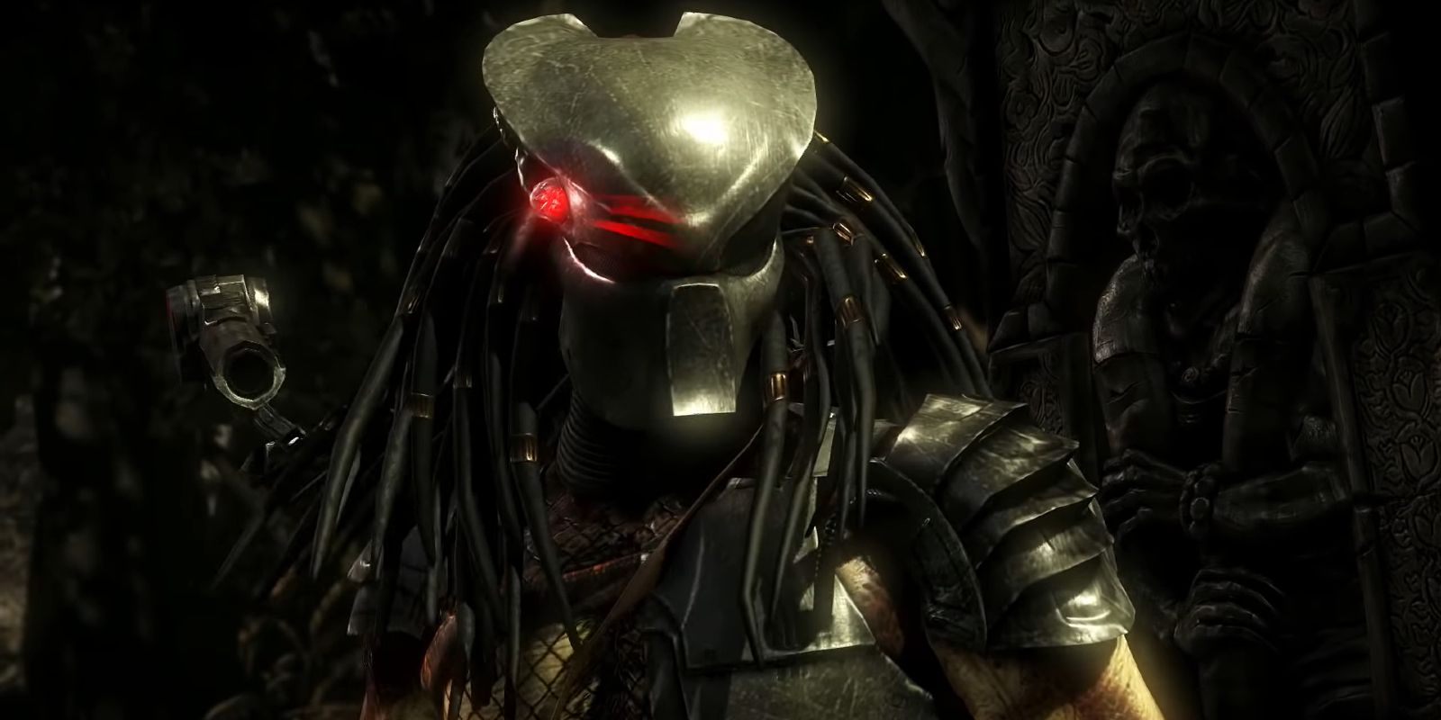 Predator aiming his plasmacaster in Mortal Kombat X.