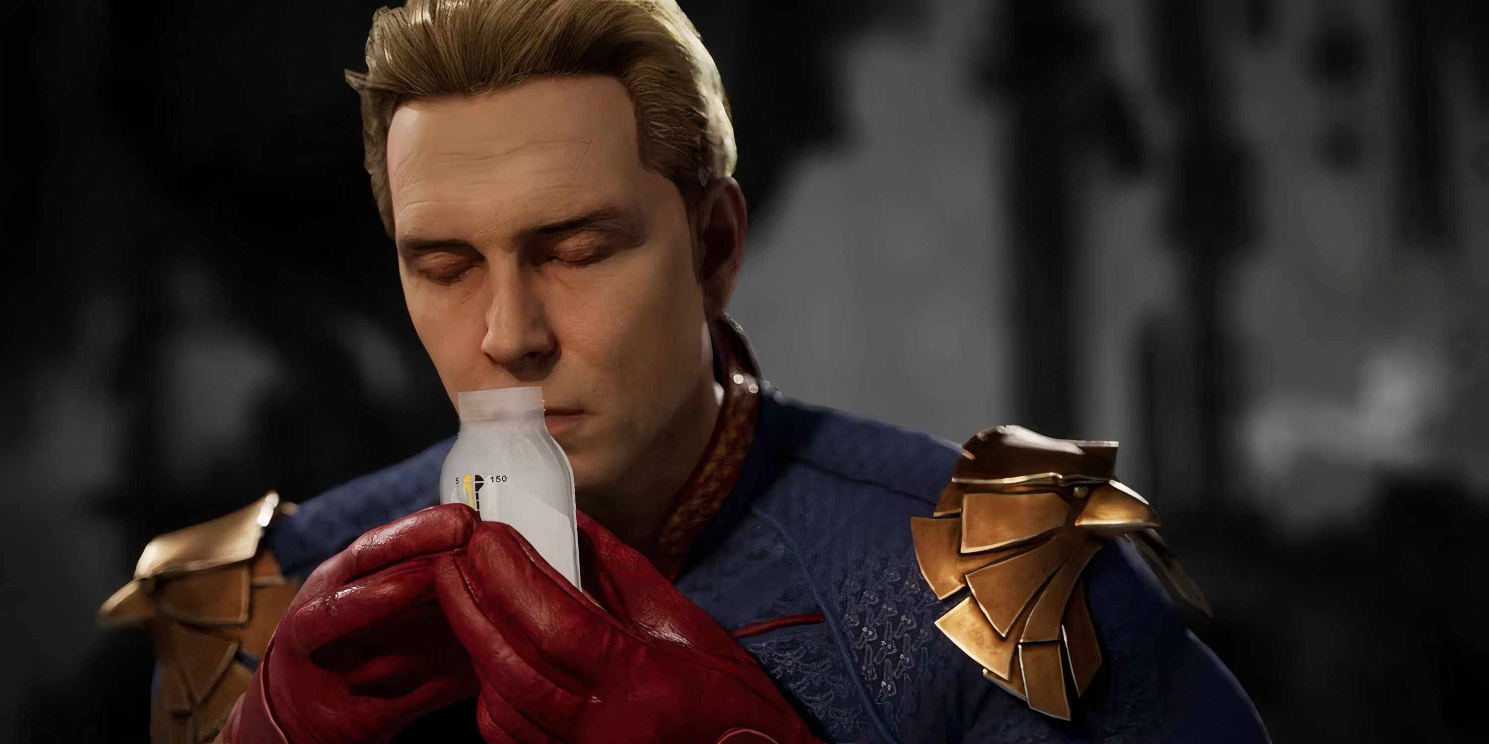 Homelander holds a glass filled with white liquid close to his nose in Mortal Kombat 1.