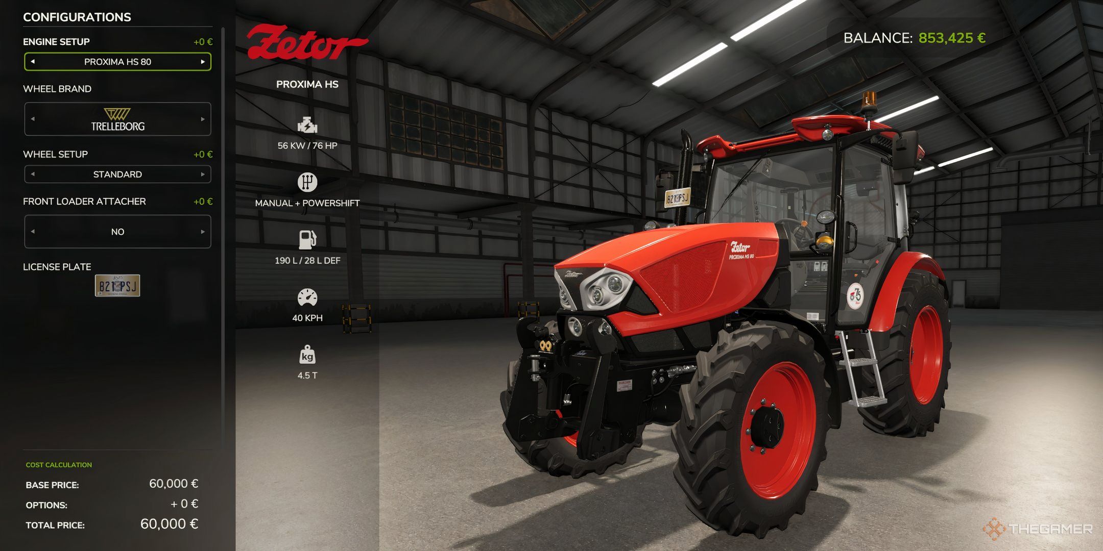 Previewing the Zetor Proxima HS in Farming Simulator 25's Garage.