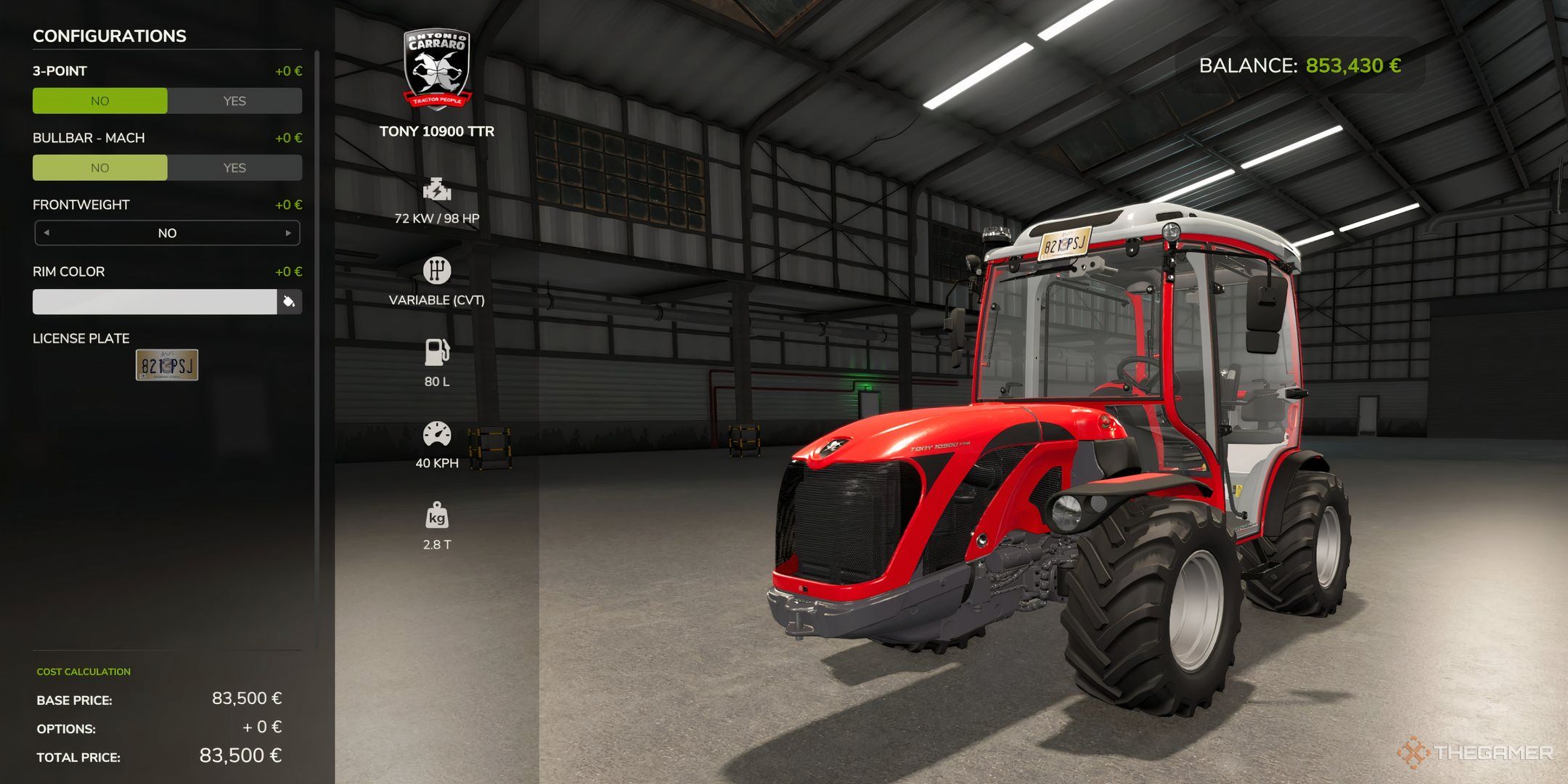 Previewing the Tony 10900 TTR in Farming Simulator 25's Garage.