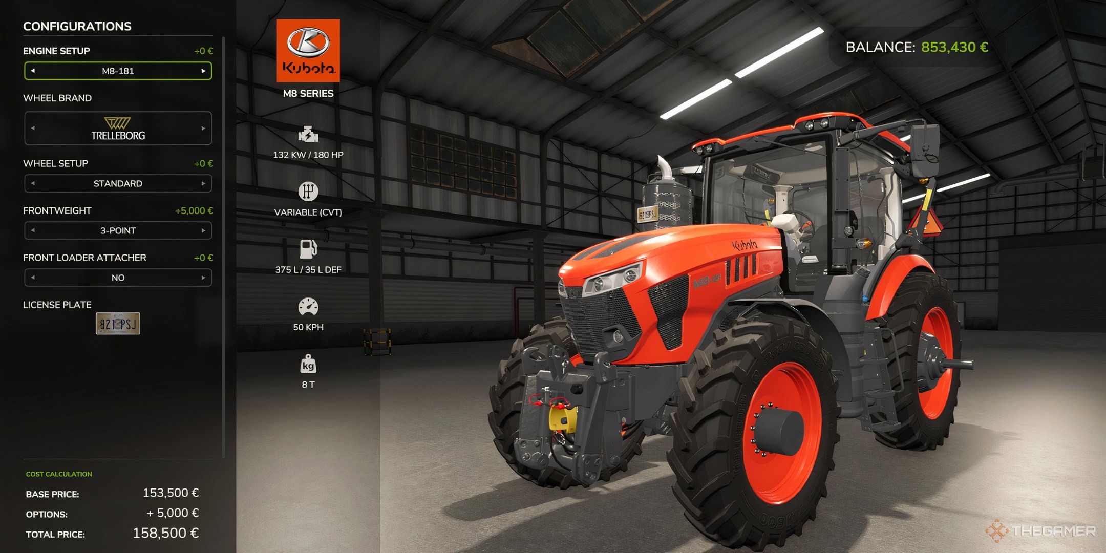 Previewing the Kubota M8 Series in Farming Simulator 25's Garage.