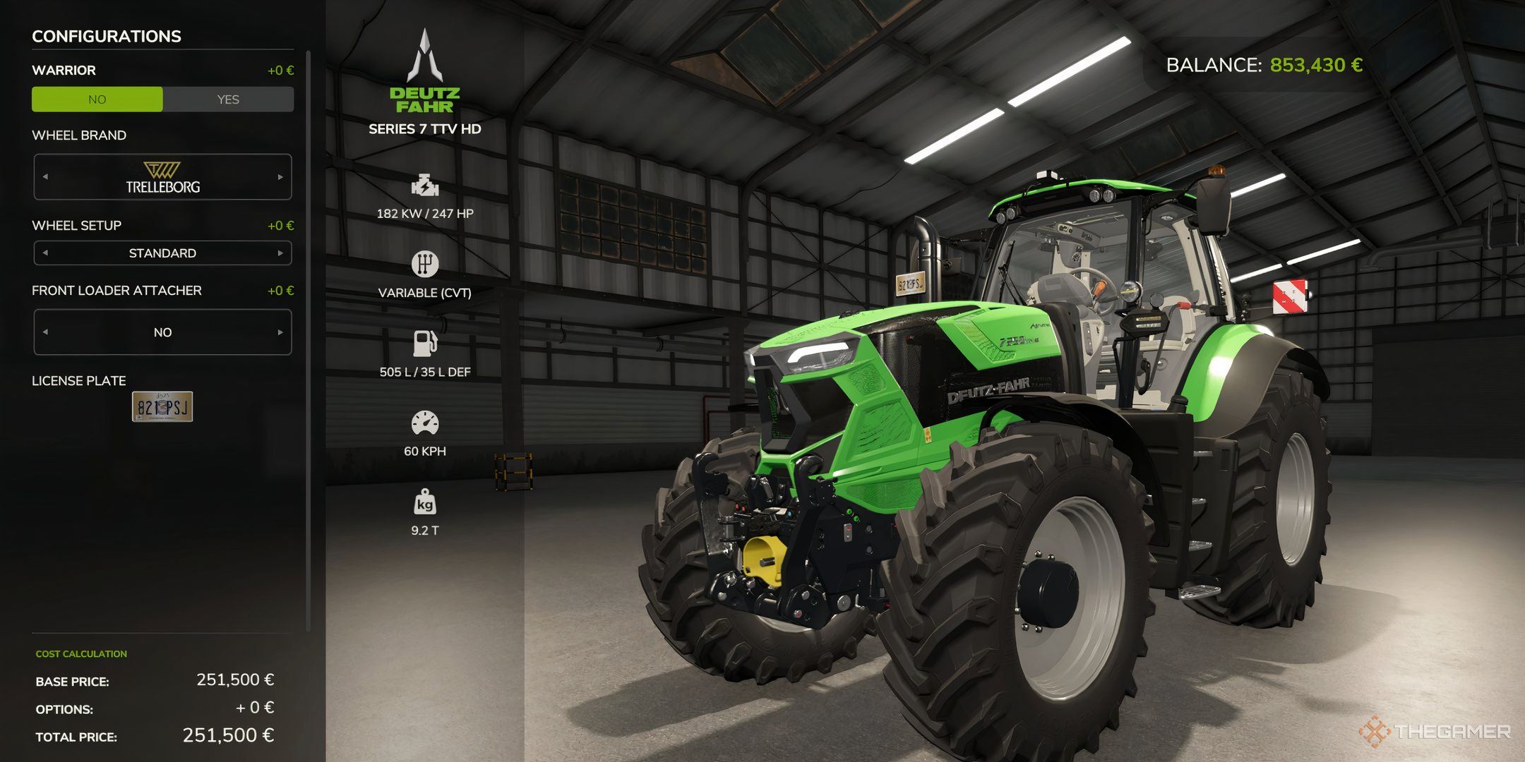 Previewing the Deutz Fahr Series 7 TTV HD in Farming Simulator 25's Garage.