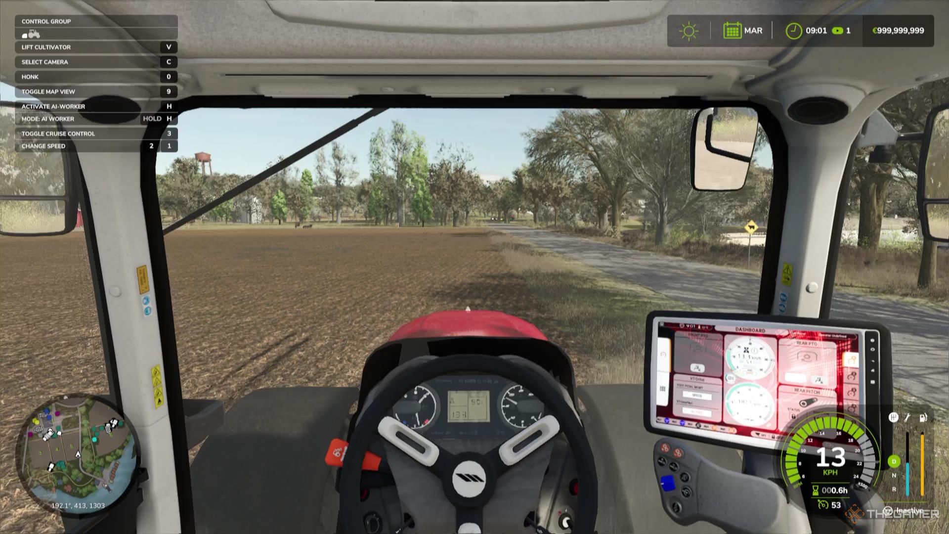 Cultivating a field in a first-person view in Farming Simulator 25.