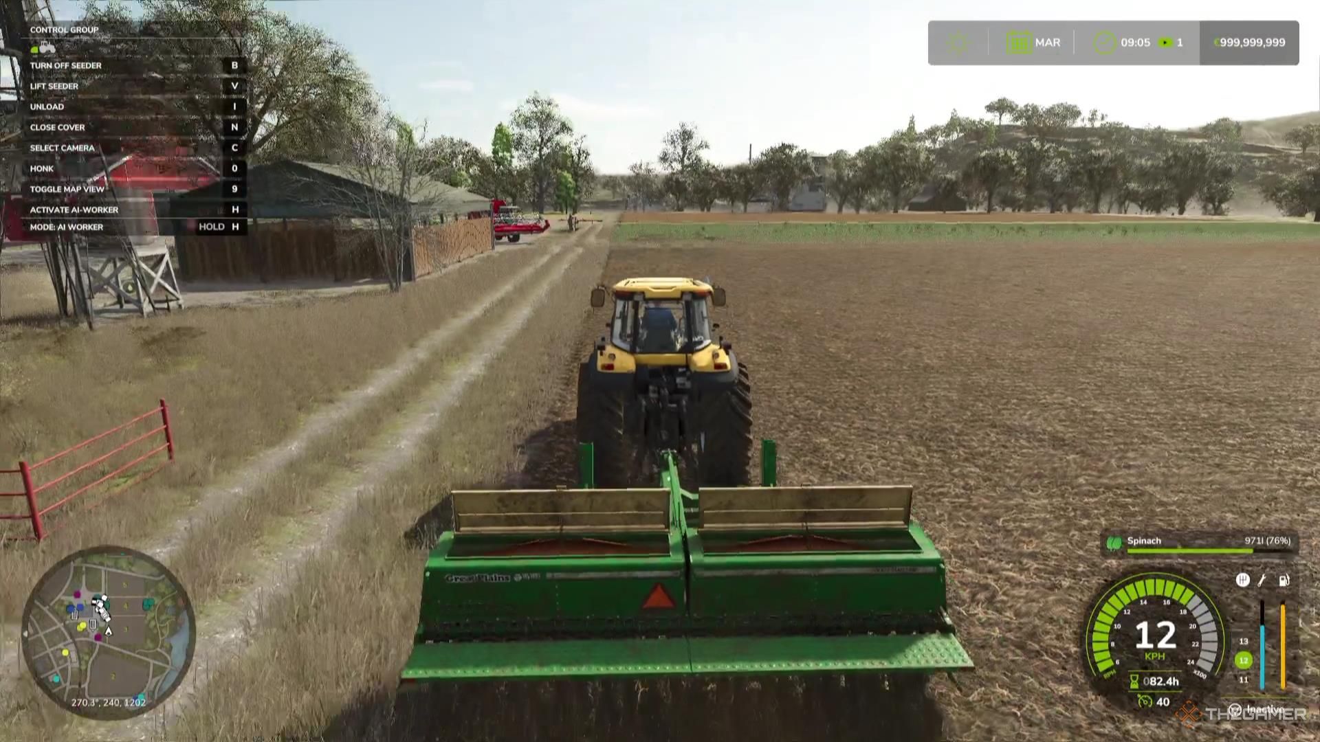 A tractor plants seeds in a field in Farming Simulator 25.