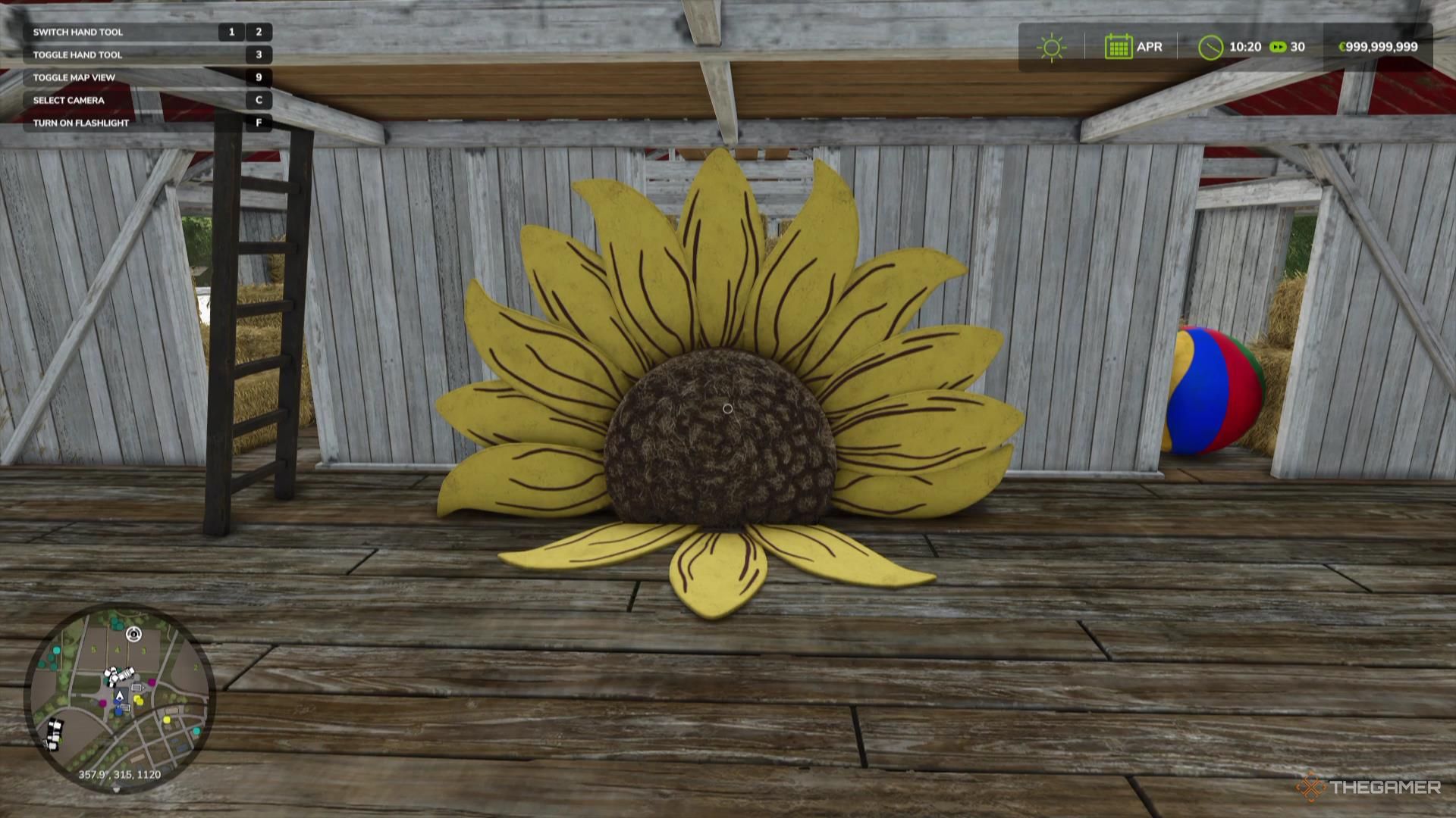 A sunflower decoration in the attic of a barn in Farming Simulator 25.