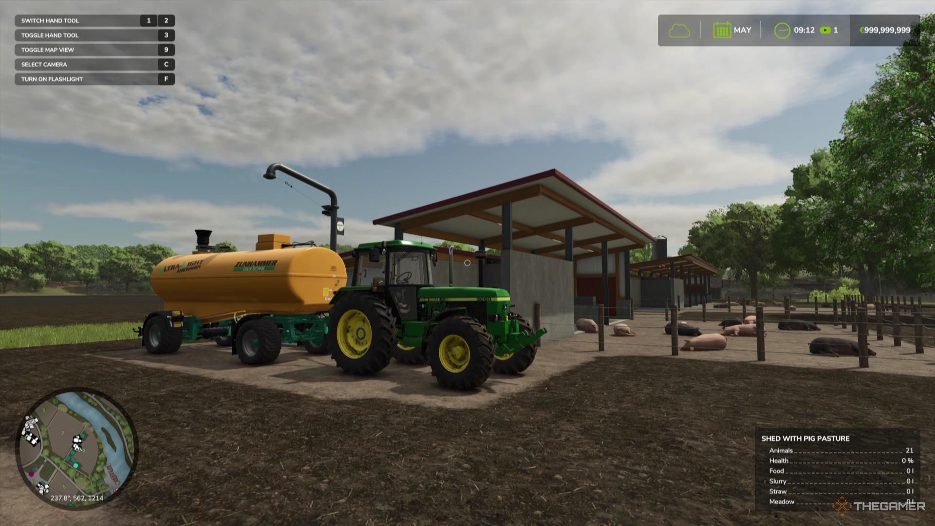 A pig farm with a slurry dispenser in Farming Simulator 25.