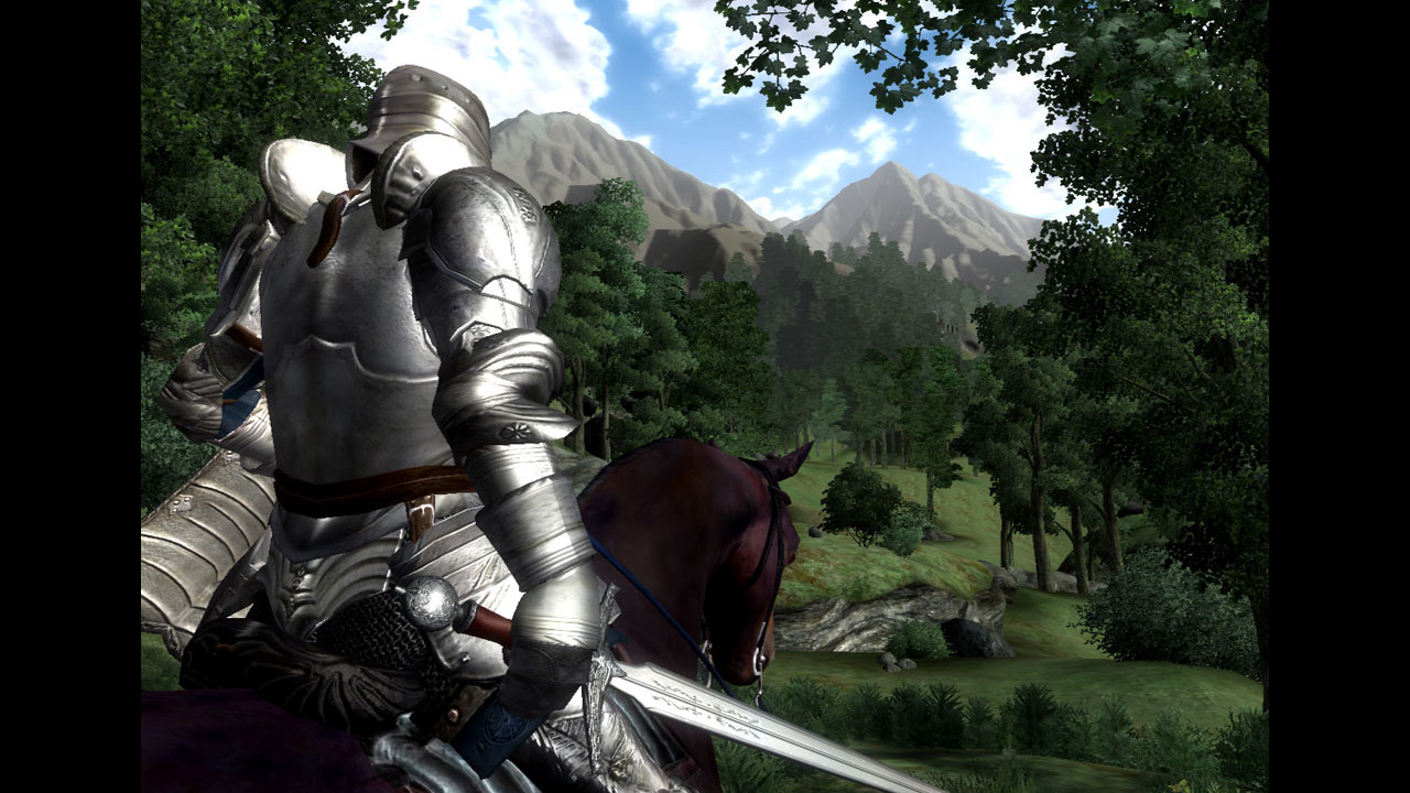 A knight rides on horseback through a green forest in The Elder Scrolls 4: Oblivion