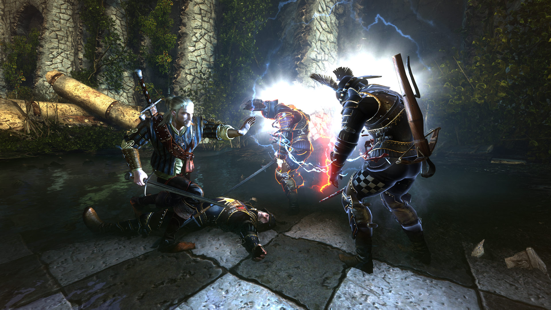 Geralt of Rivia uses magic to stun two human enemies in The Witcher 2: Assassins of Kings