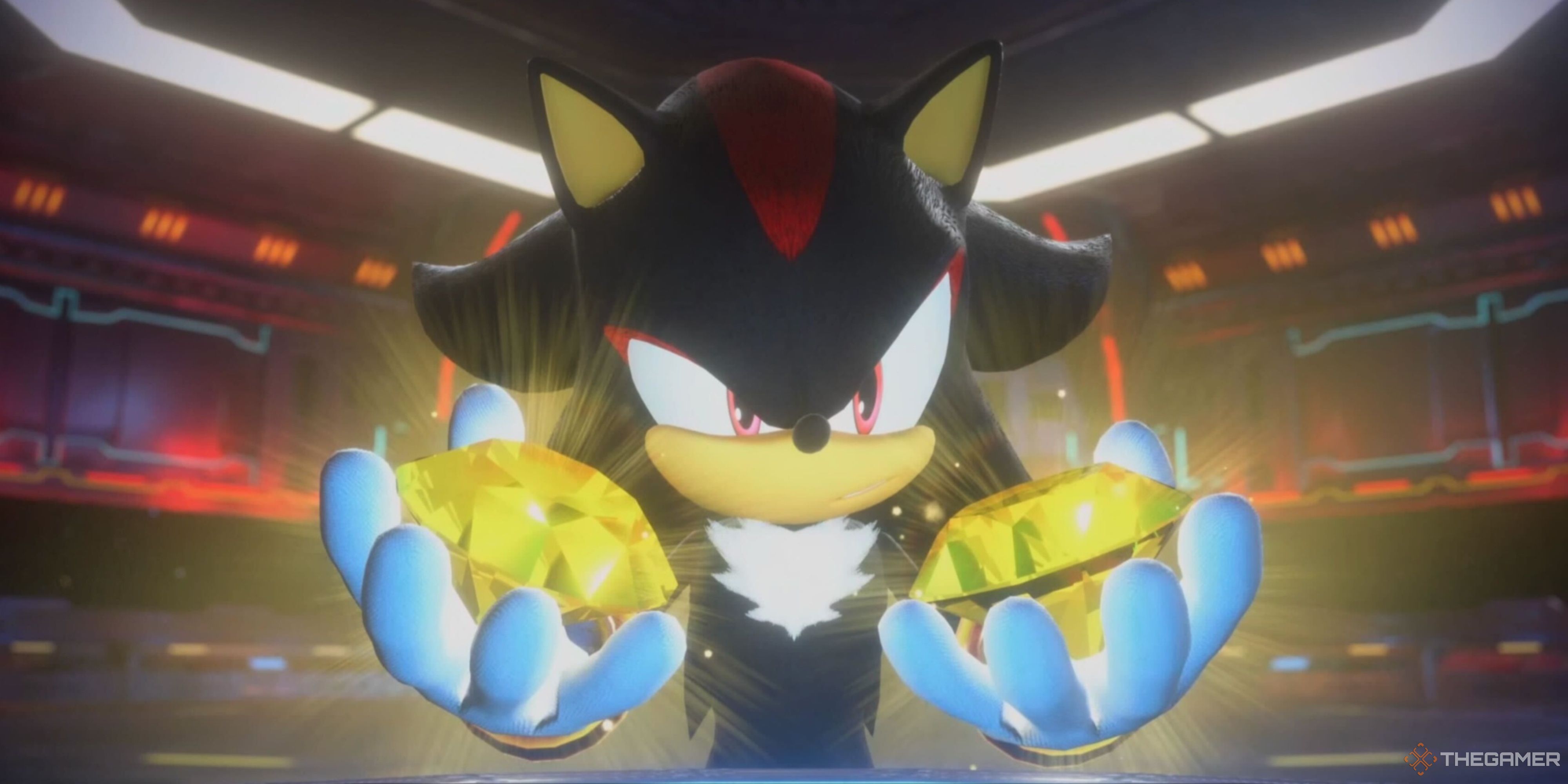 shadow looking at two yellow chaos emeralds in sonic x shadow generations