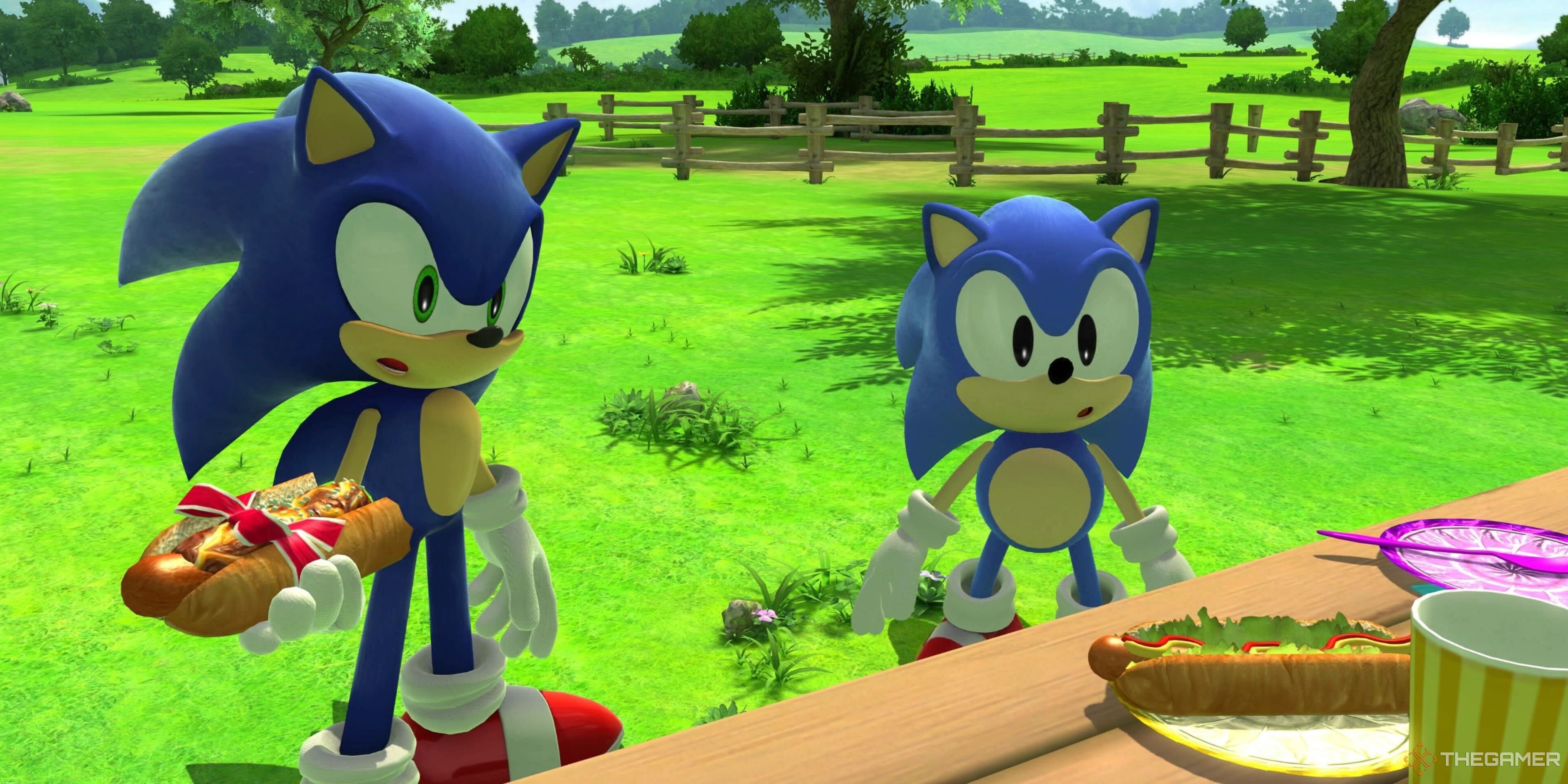 sonic holding a chilli dog next to old sonic in sonic x shadow generations.