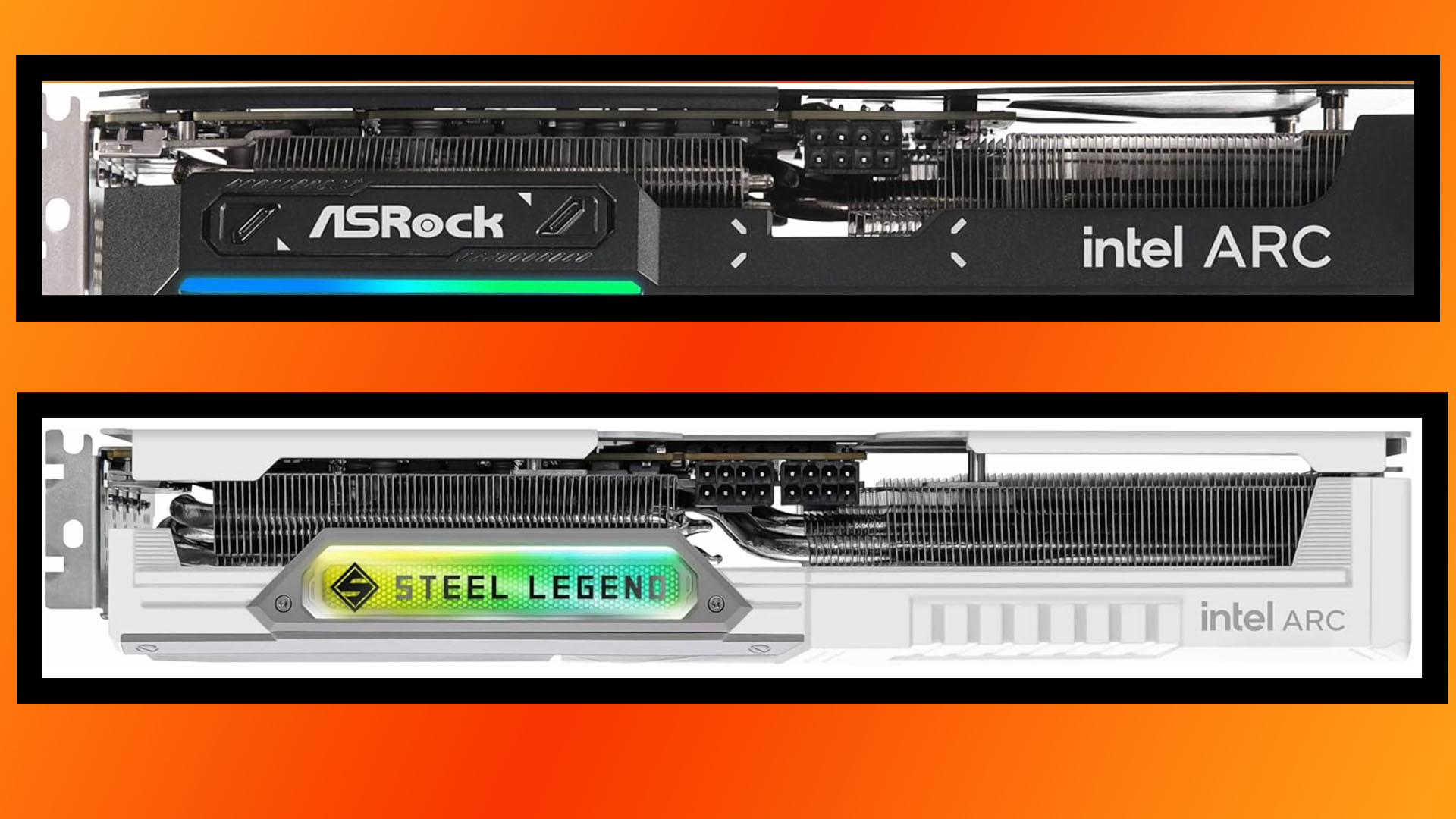 ASRock Intel Arc B580 Challenger and Steel Legend graphics cards, showing PCIe power connectors.