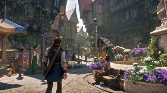 Fable 4 release date: The hero walks through an urban settlement, characterized by crooked rooftops, flowers, and bright market stalls.