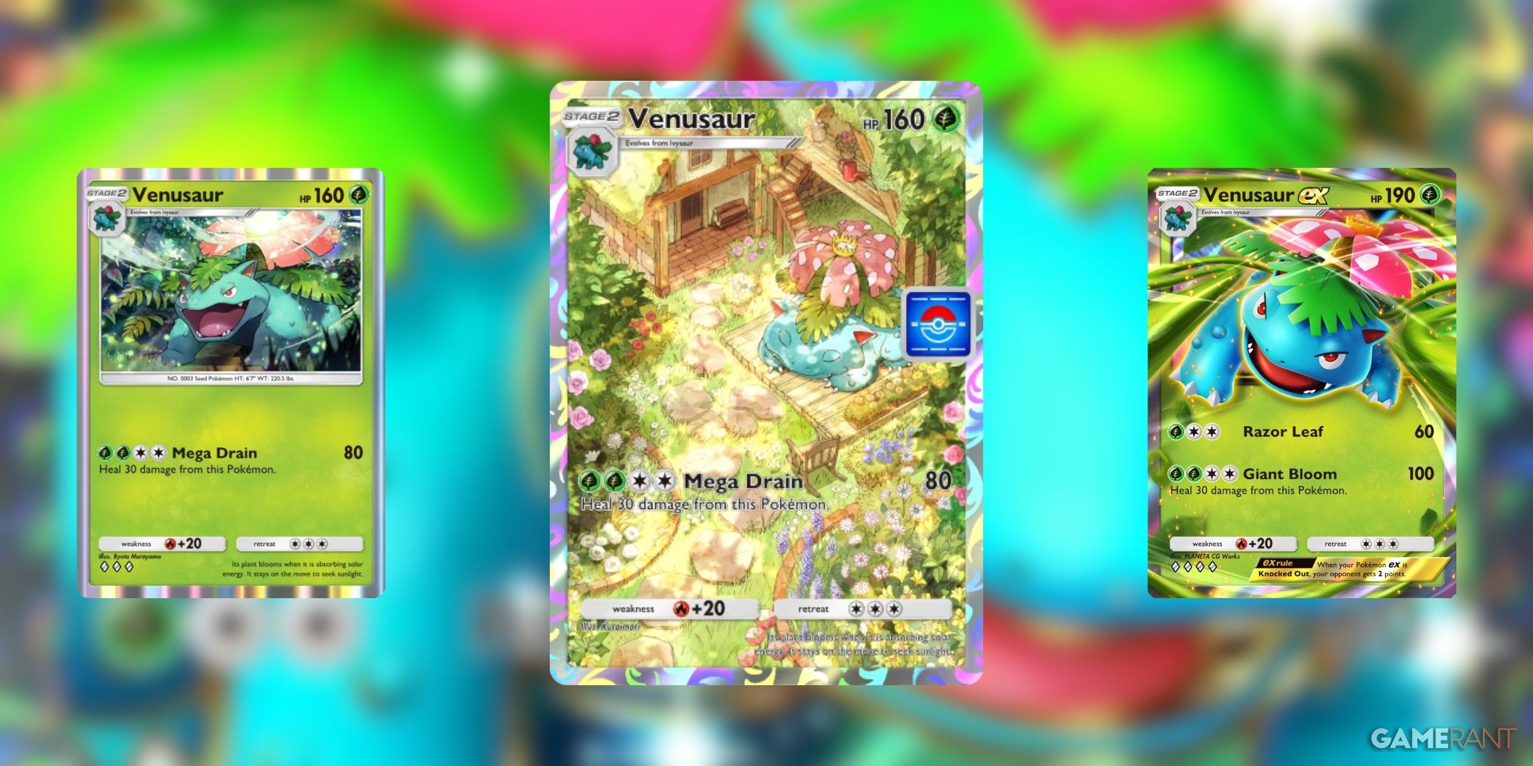 Three Venusaur cards from Pokemon TCG Pocket placed on a background of a fourth cosmetic variant card