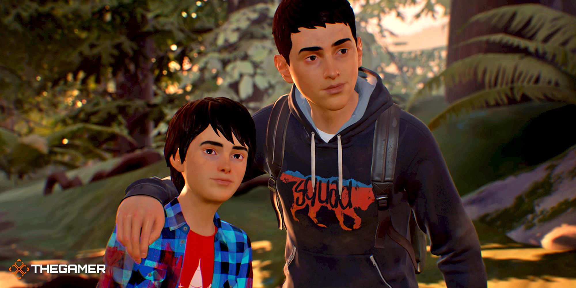 In game screenshot of two boys from Life Is Strange huddling up 