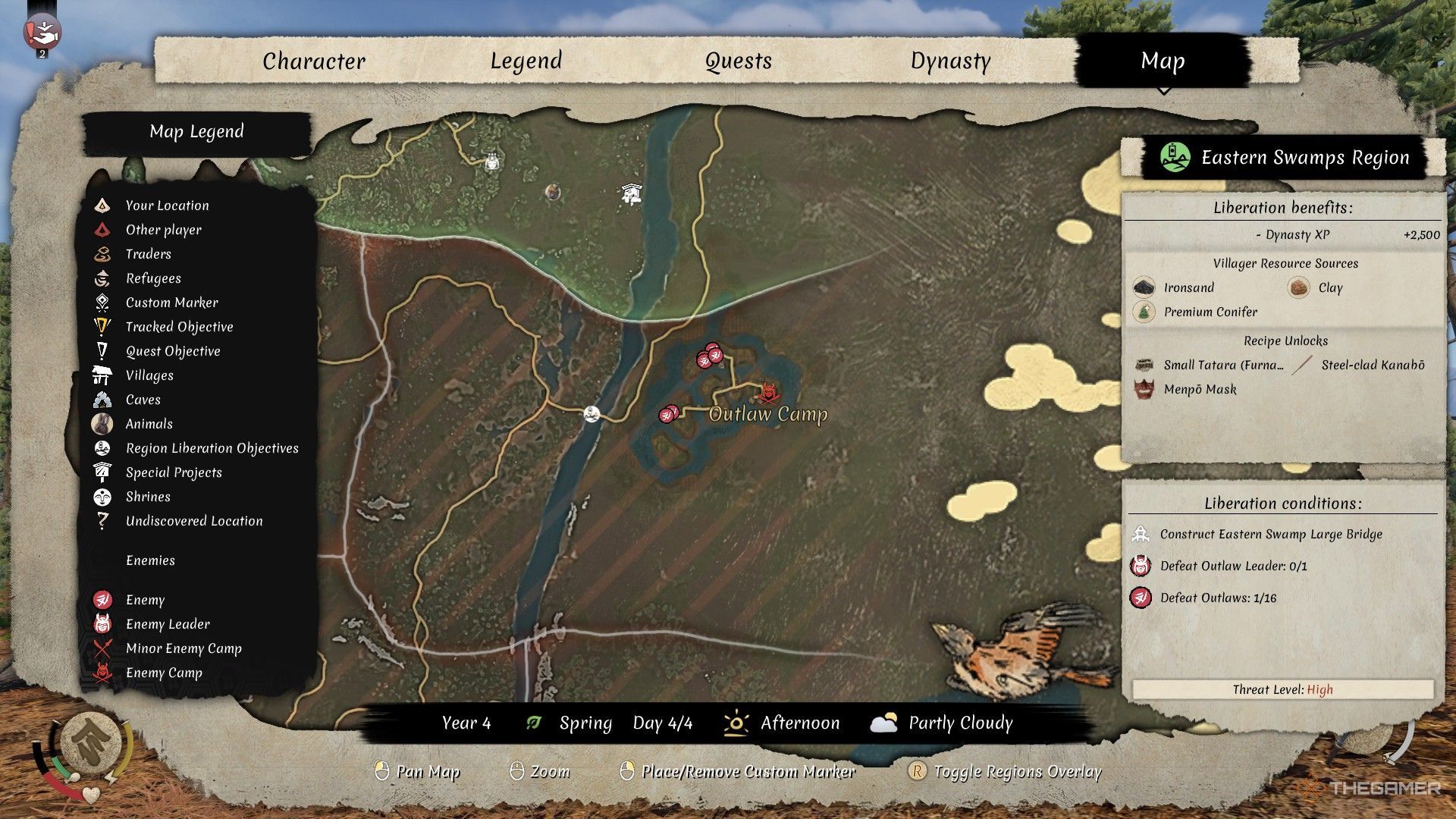 The image shows the location of the outlaw camp on the map in the Eastern Swamps Region in Sengoku Dynasty.