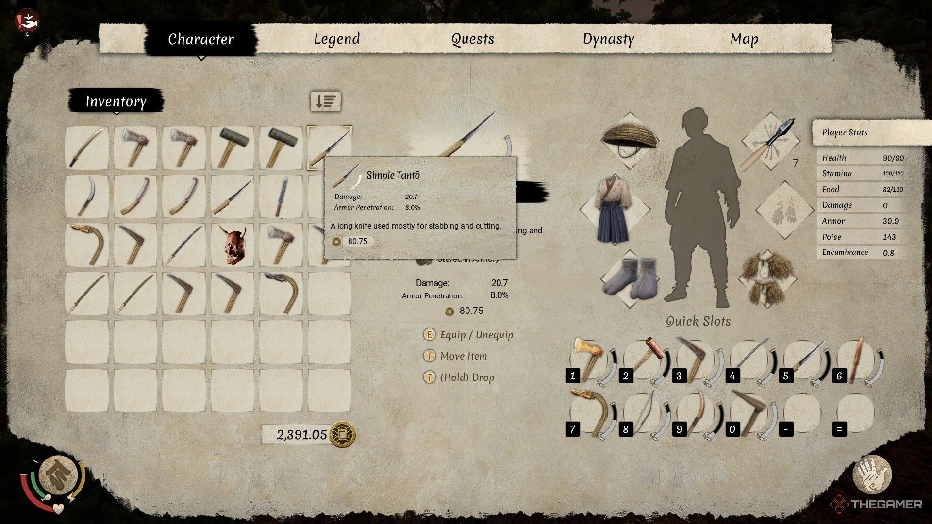 The image shows the player showcasing multiple weapons and tools in their inventory in Sengoku Dynasty.