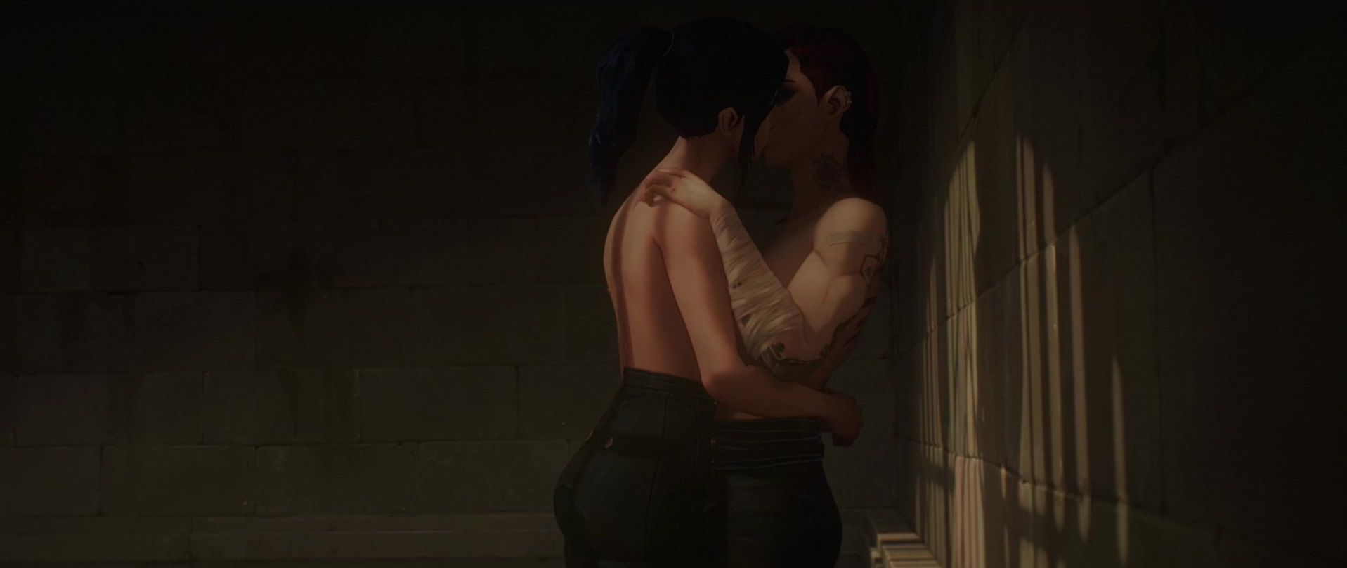 Vi and Caitlyn embrace during a topless kiss in Arcane Season 2. 