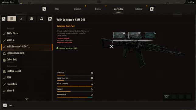 The weapon upgrade menu in Stalker 2: Heart of Chornobyl shows an AKM-74S being worked on.