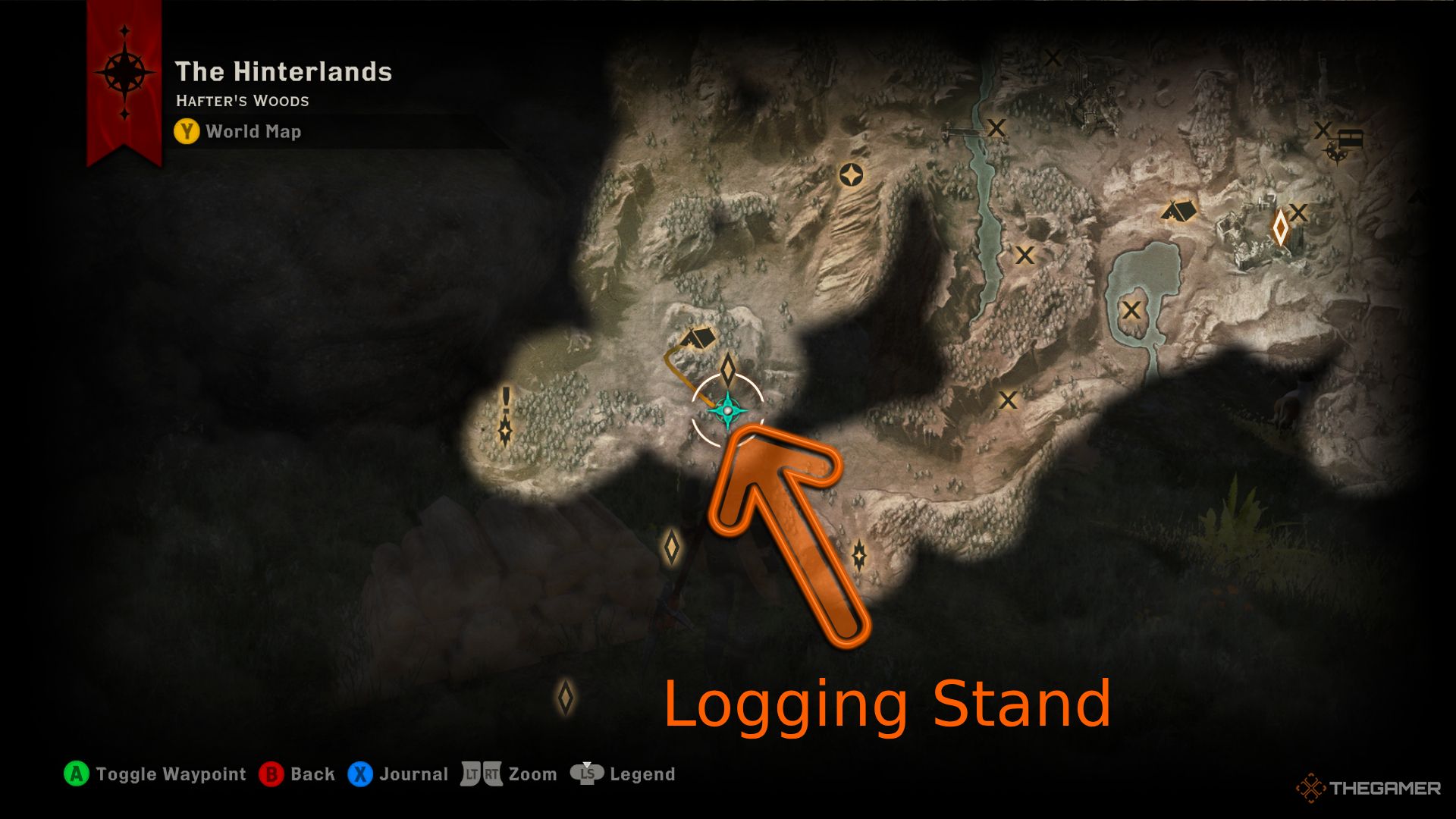 Dragon Age Inquisition screenshot of a logging stand location on The Hinterlands map.