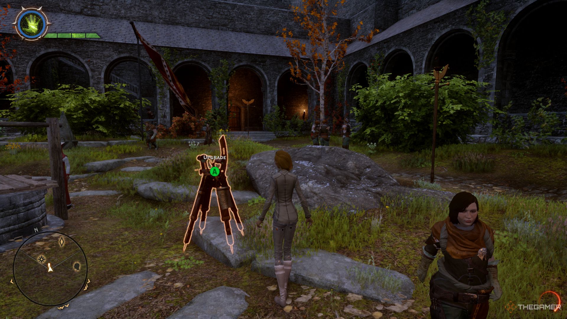 Dragon Age Inquisition screenshot of the Inquisitor at a upgrade mechanism in the garden.