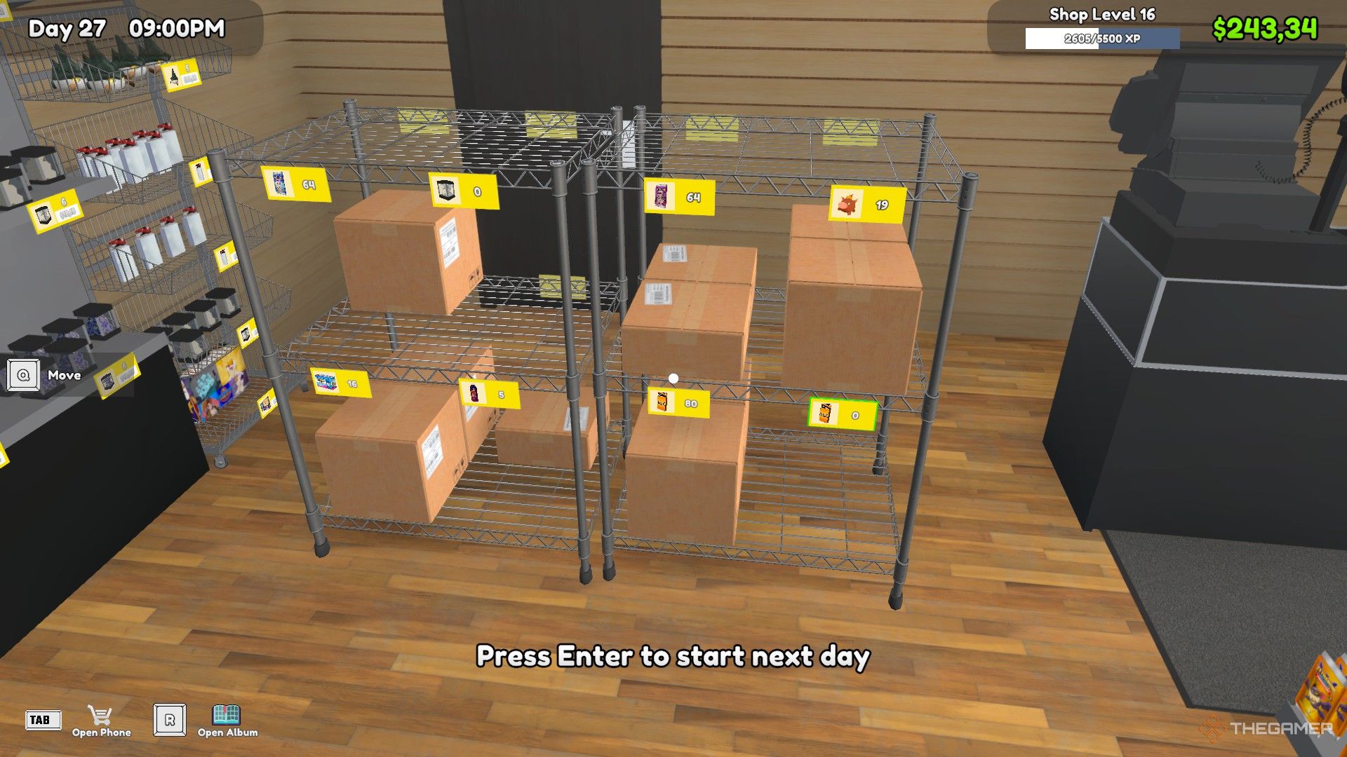 A warehouse shelf contains some boxes in TCG Card Shop Simulator.