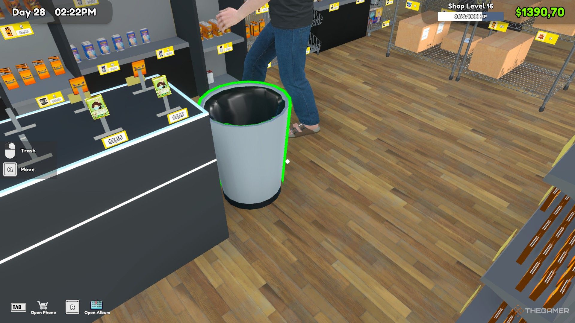 The player is interacting with a trash bin in TCG Card Shop Simulator.